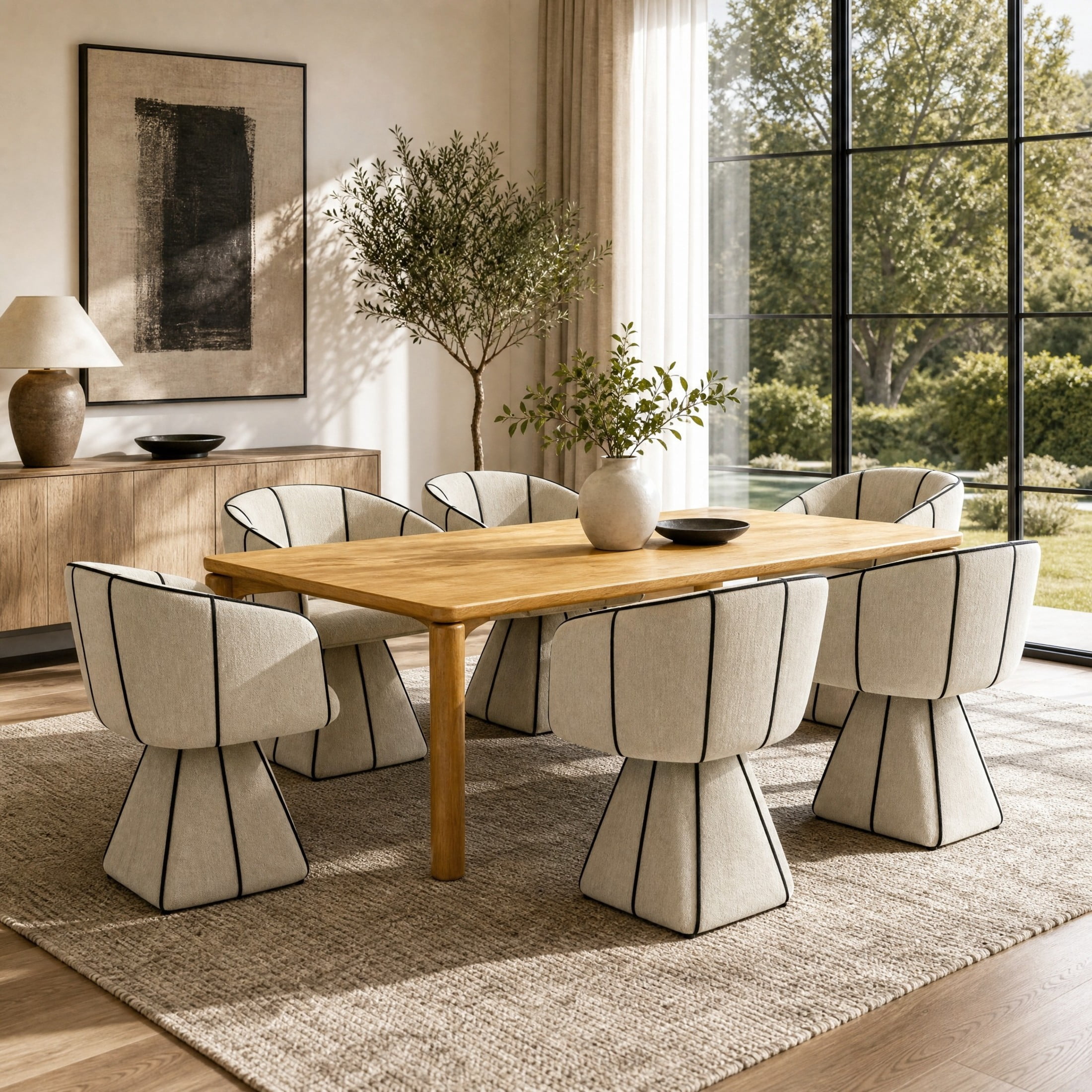 Christopher Knight Home 7-Piece Modern Dining Table with Swivel Barrel Chairs Set, Natural+Beige+Black