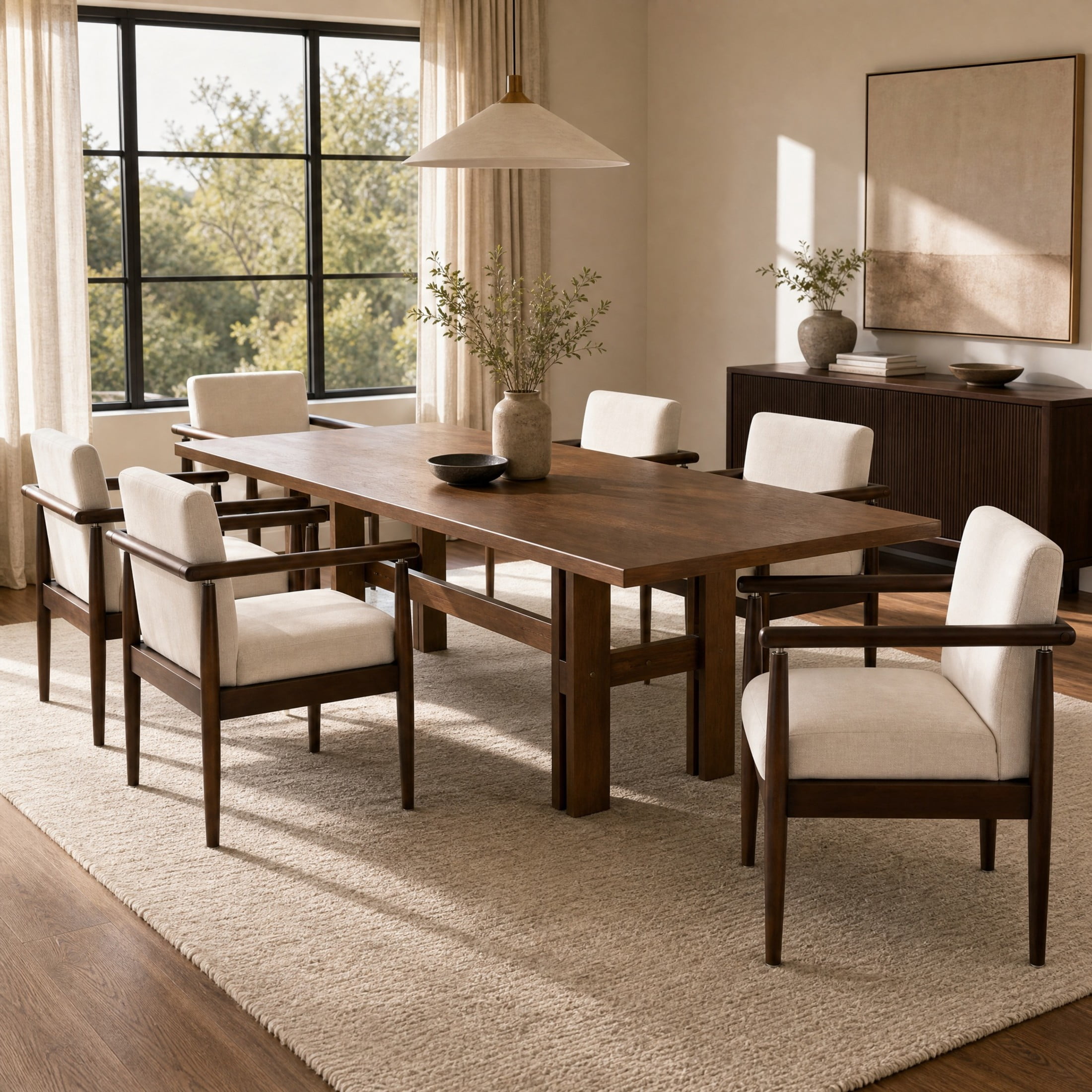 Christopher Knight Home 7-Piece Modern Dining Table with Thick Cushion Chairs Set, Walnut+Beige