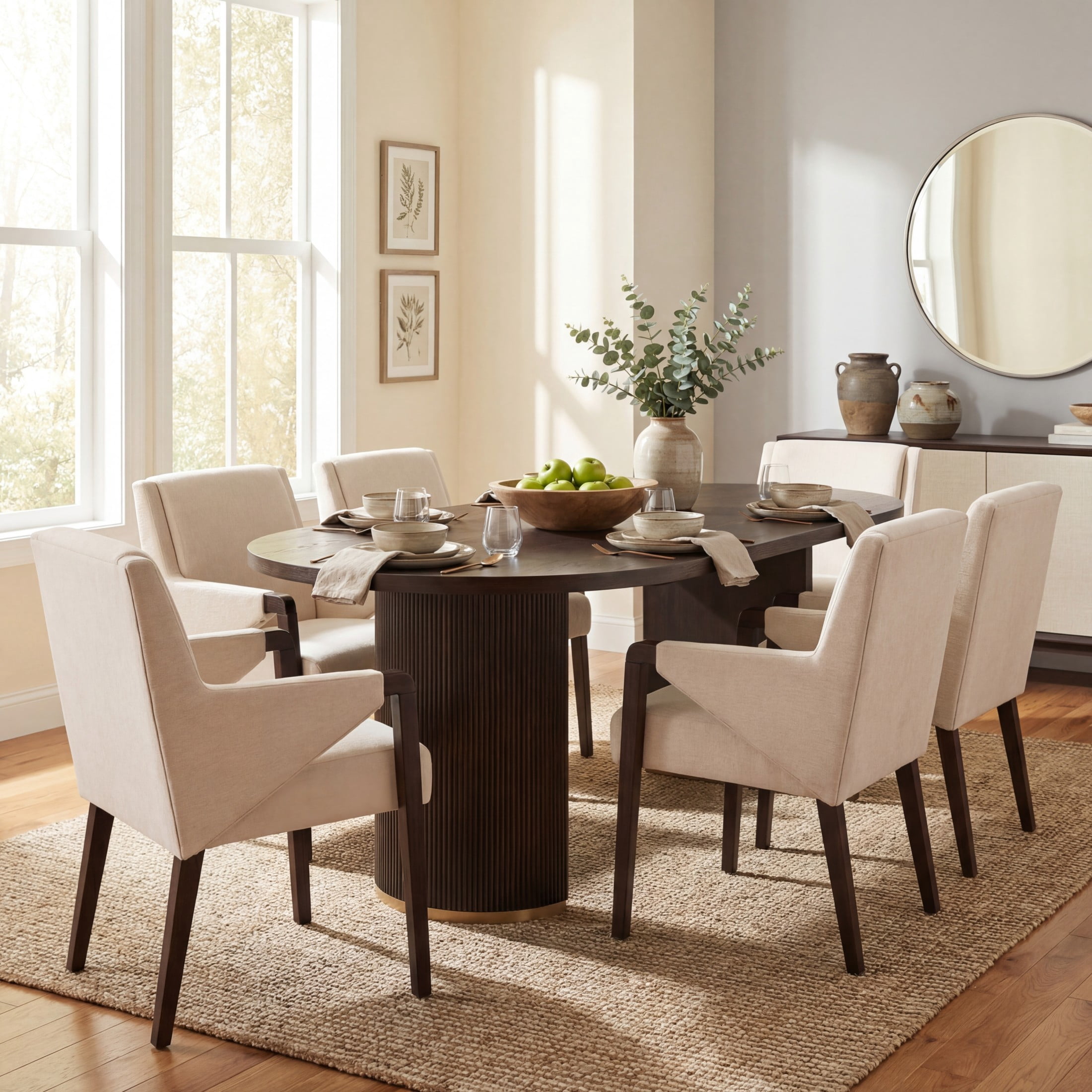 Christopher Knight Home 7-Piece Modern Espresso Oval Dining Table and Linen Upholstered Chairs