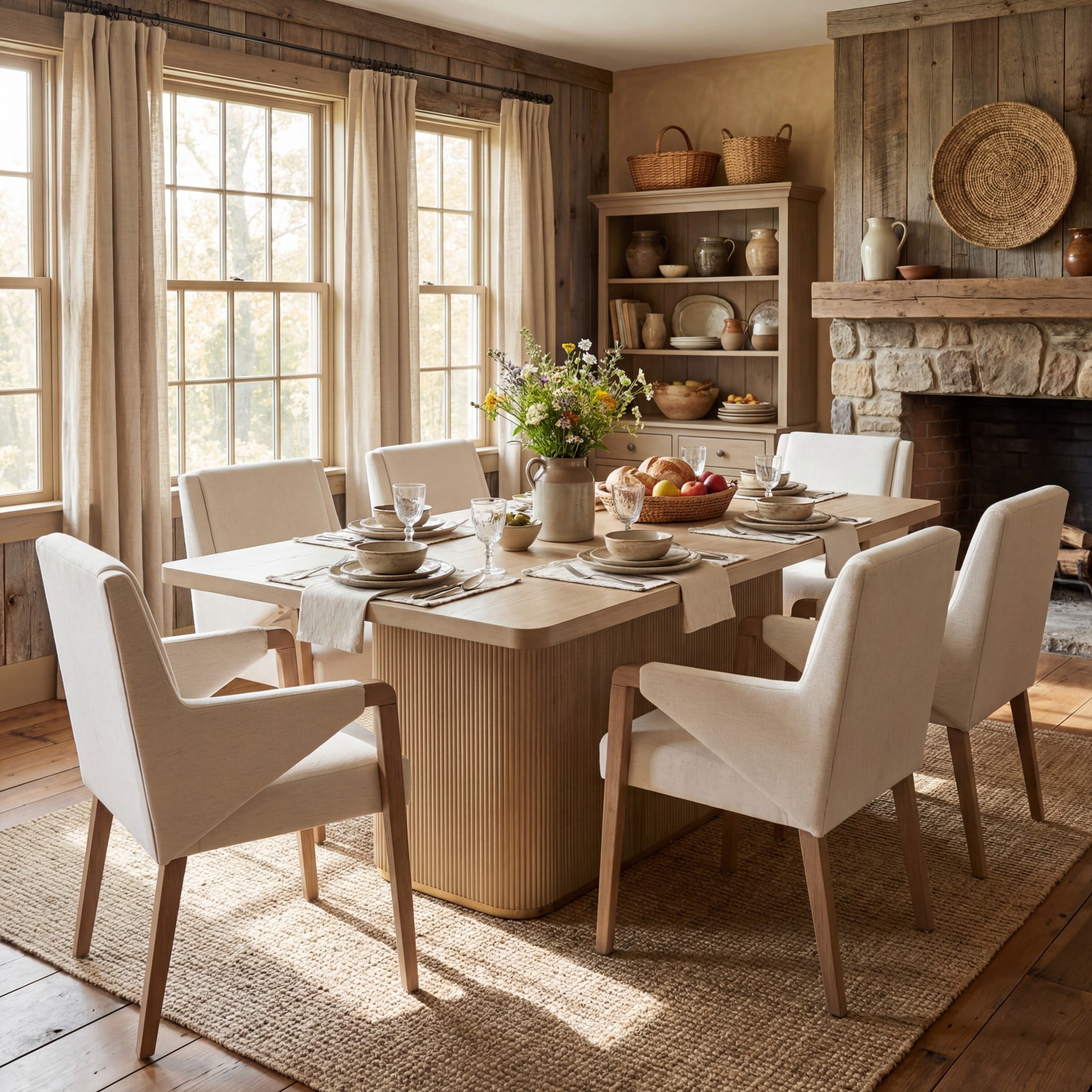 Christopher Knight Home 7-Piece Modern Natural Dining Rectangular Table and Beige Upholstered Chairs