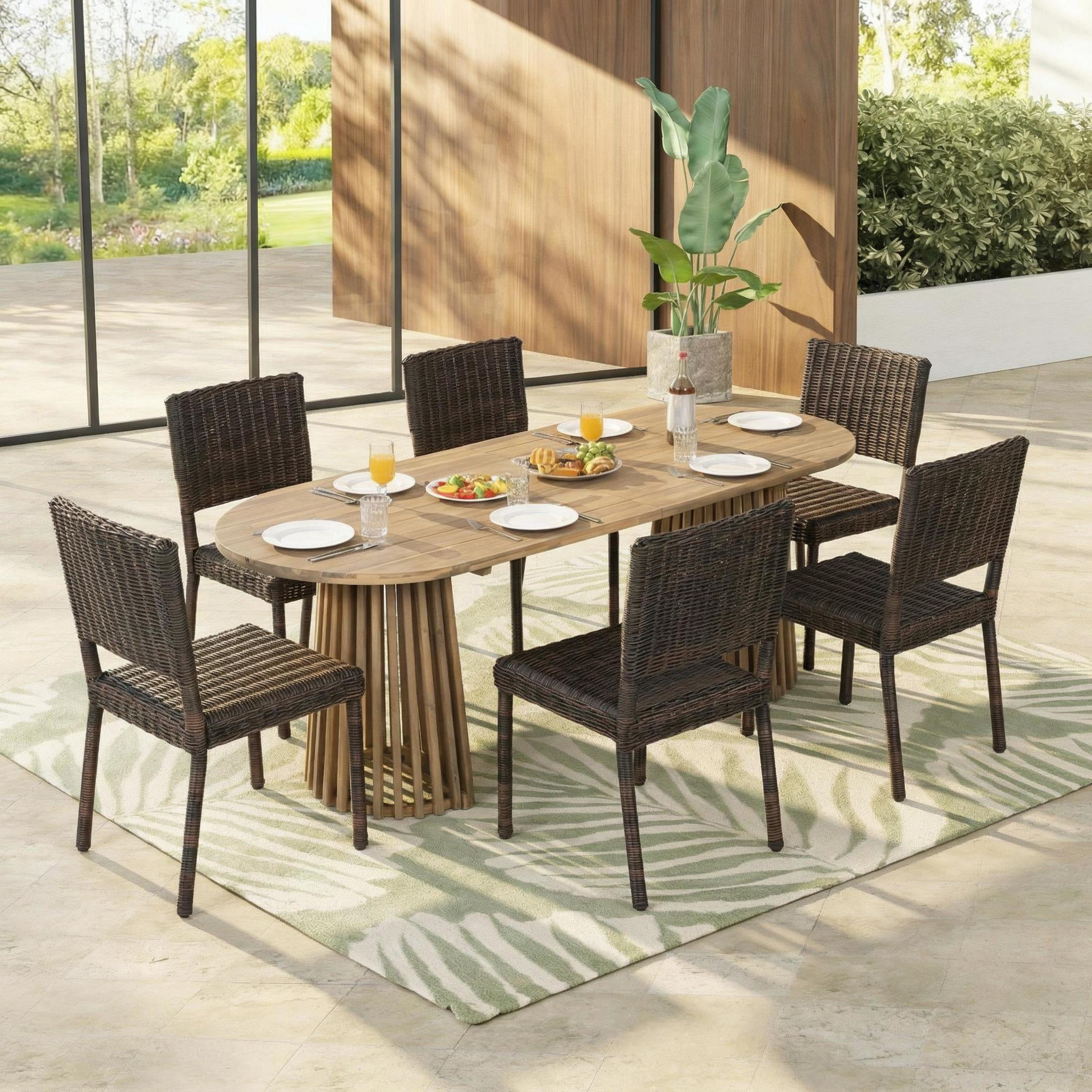 Christopher Knight Home 7-Piece Modern Outdoor Dining Set, 83" Light Teak Oval Table and Brown Rattan Chairs