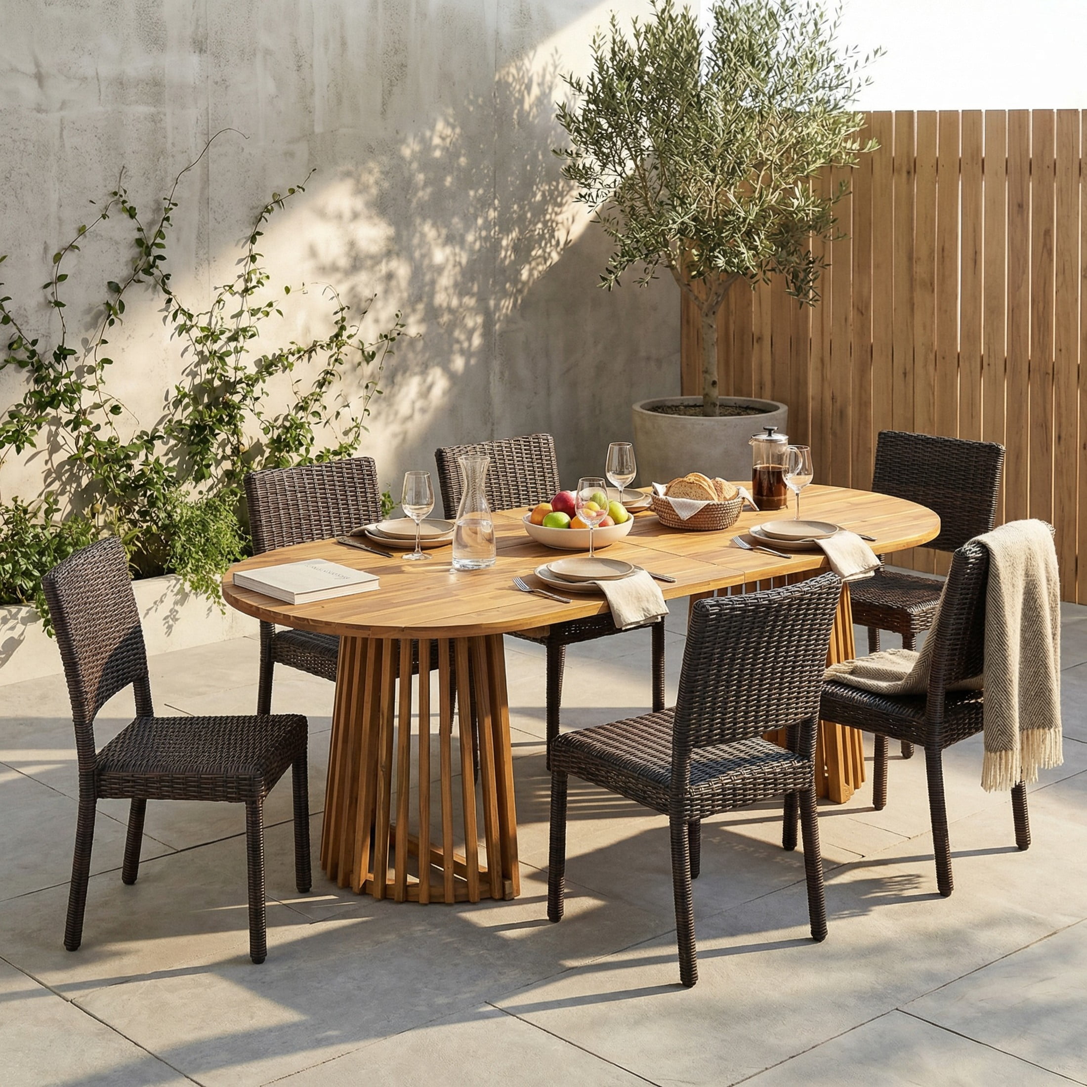 Christopher Knight Home 7-Piece Modern Outdoor Dining Set, 83" Teak Oval Table and Brown Rattan Chairs