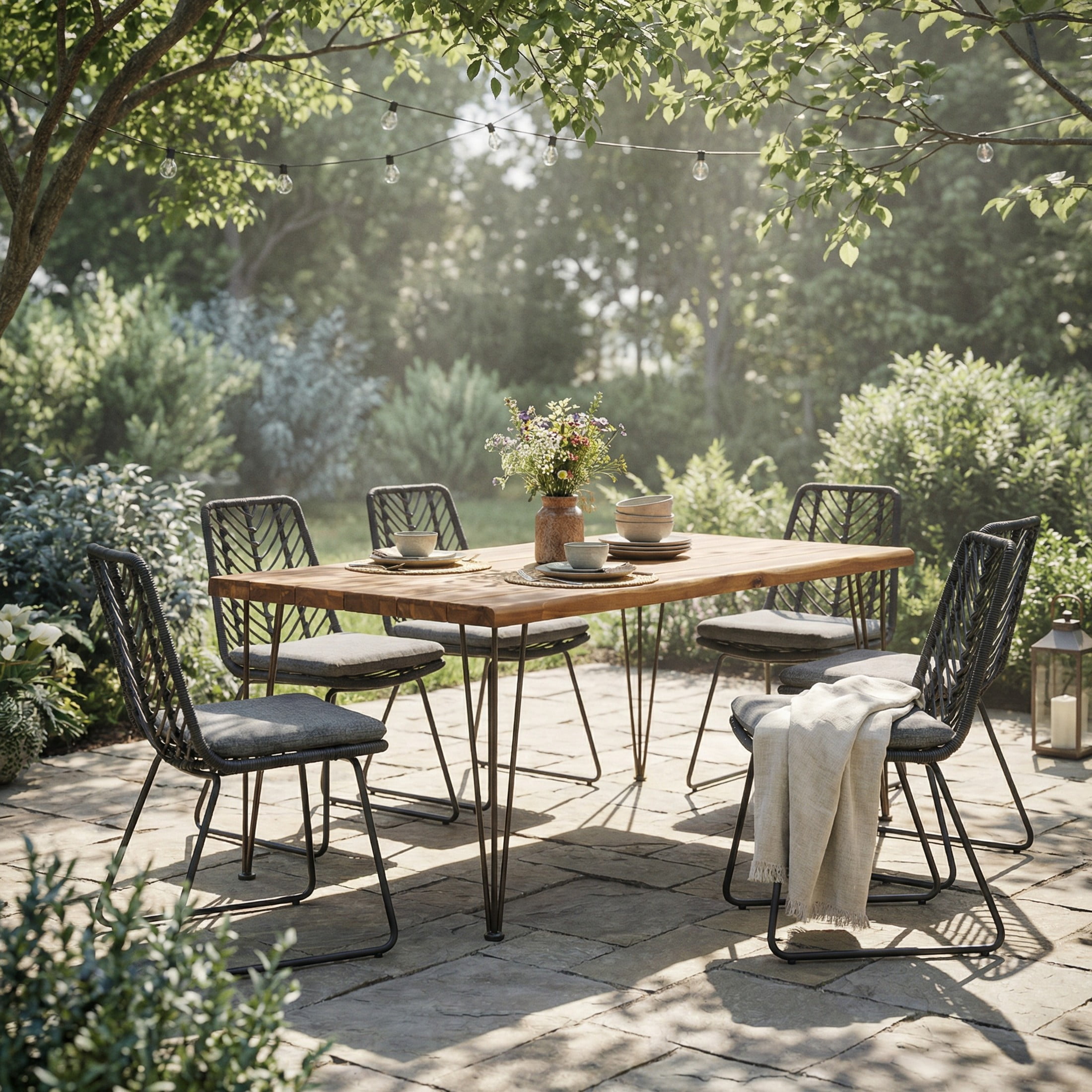 Christopher Knight Home 7-Piece Modern Outdoor Dining Set, Armless Chairs with Cushions, Teak+Black