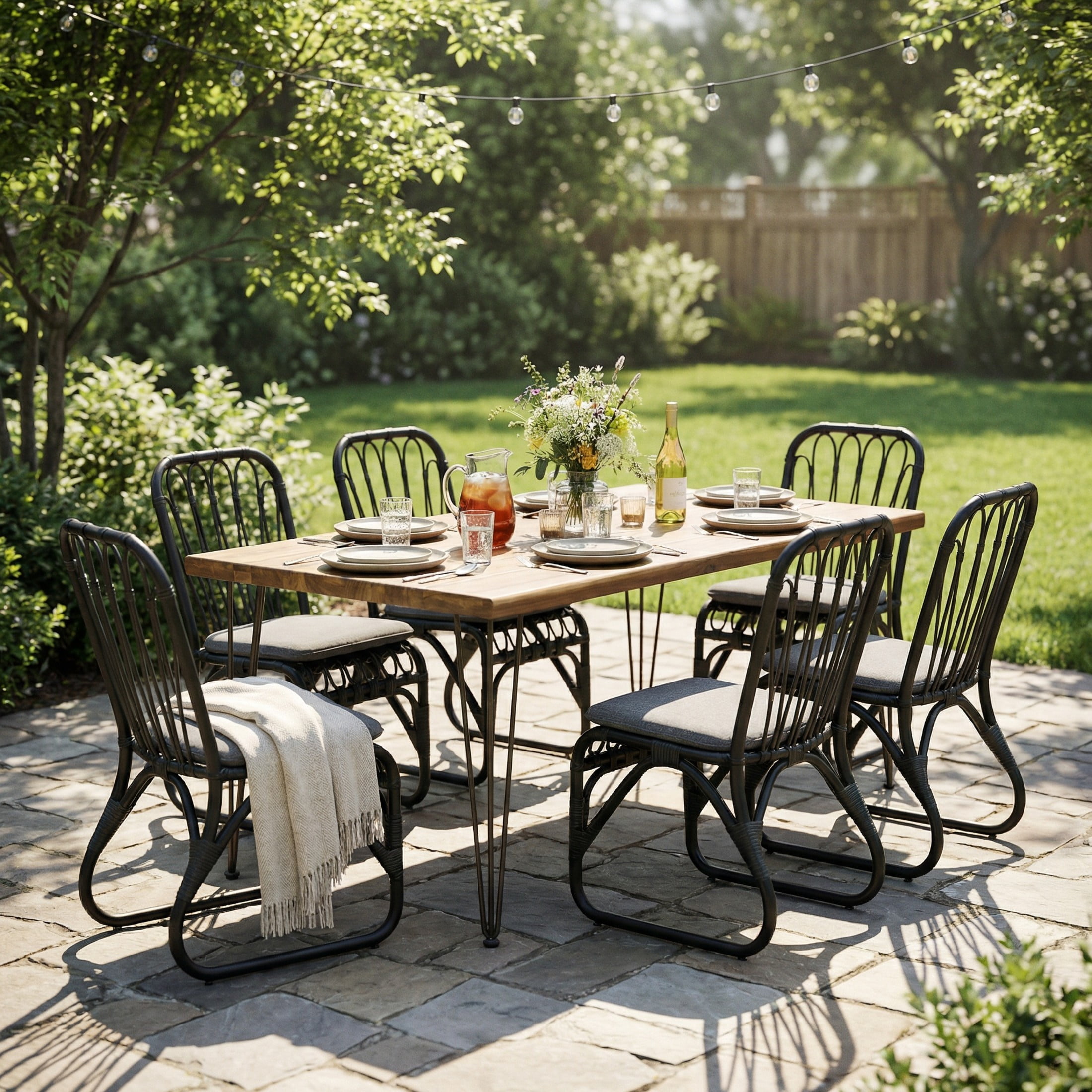 Christopher Knight Home 7-Piece Modern Outdoor Dining Set, Gray Rattan Chairs with Cushions and Teak Wood Table
