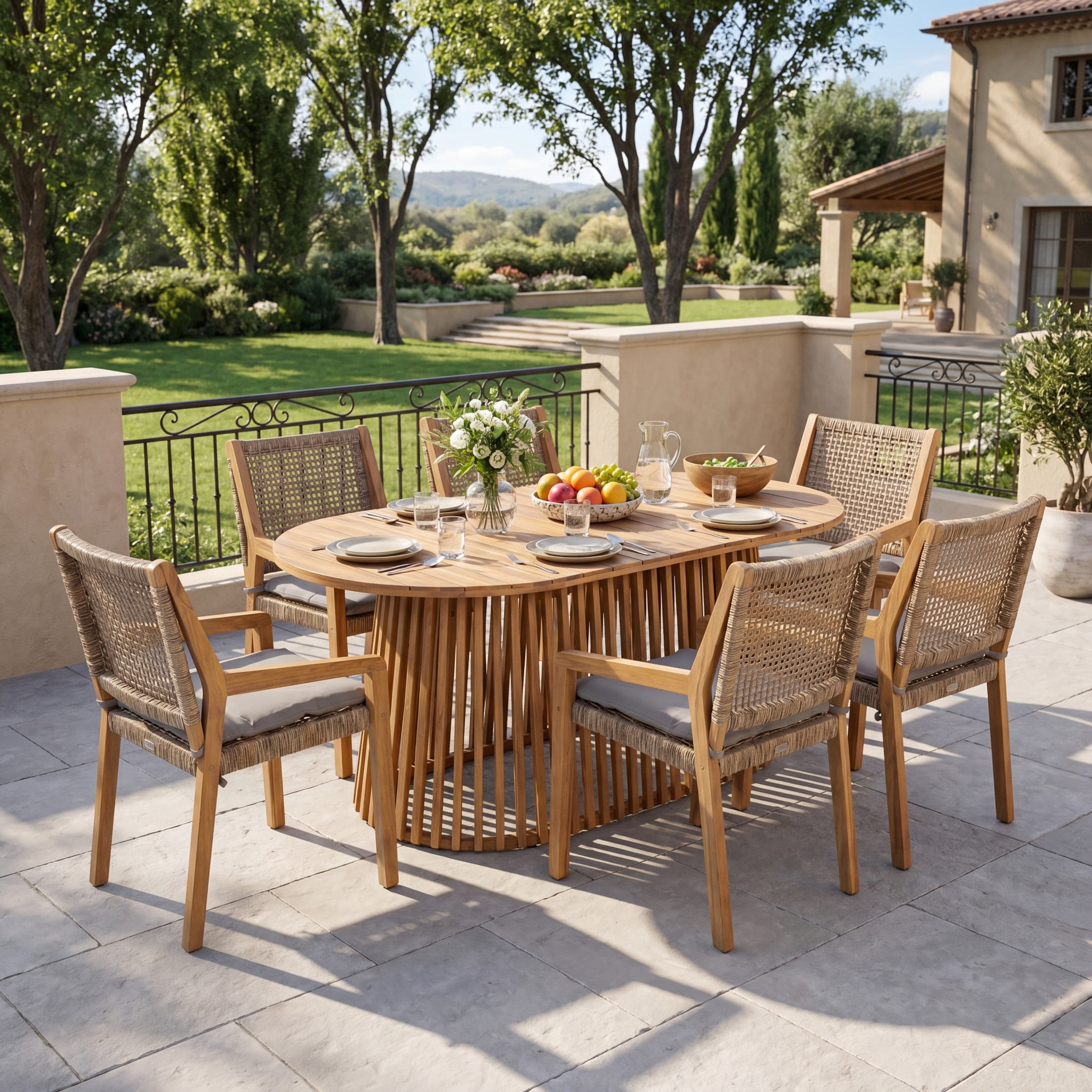 Christopher Knight Home 7-Piece Modern Outdoor Dining Set, Oval Table & 6 Wicker Chairs, Teak+Gray