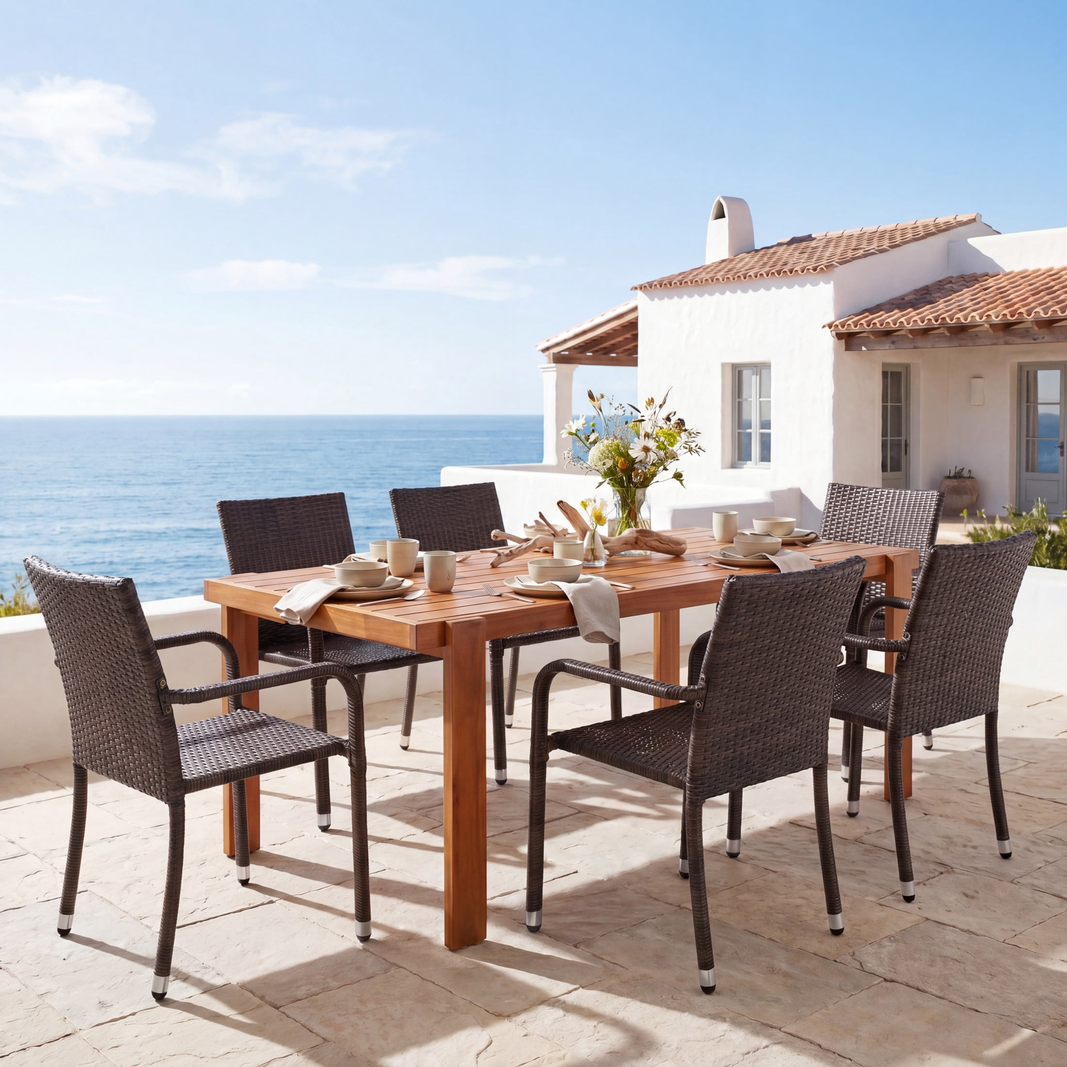Christopher Knight Home 7-Piece Modern Outdoor Dining Set, Wood Table and Wicker Armchairs, Teak+Dark Brown
