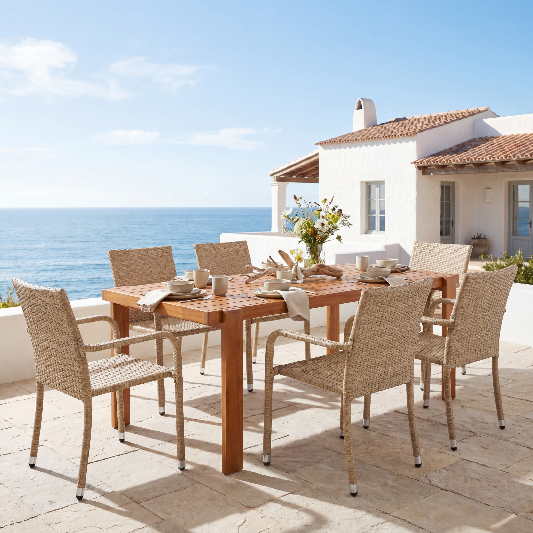 Christopher Knight Home 7-Piece Modern Outdoor Dining Set, Wood Table and Wicker Armchairs, Teak+Natural