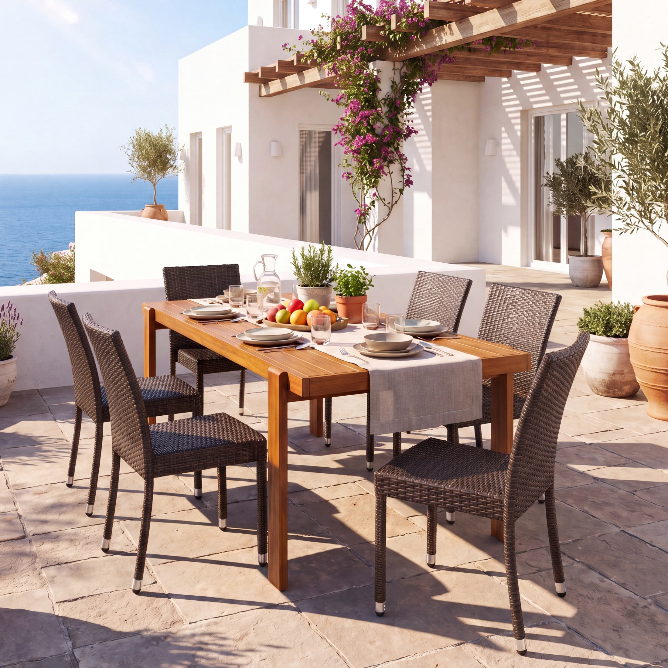 Christopher Knight Home 7-Piece Modern Outdoor Dining Set, Wood Table and Wicker Armless Chairs, Teak+Dark Brown