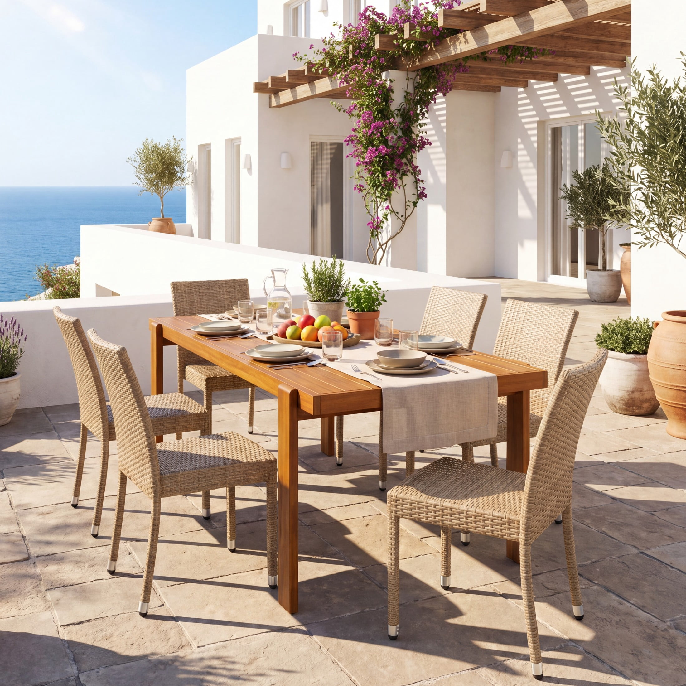 Christopher Knight Home 7-Piece Modern Outdoor Dining Set, Wood Table and Wicker Armless Chairs, Teak+Natural