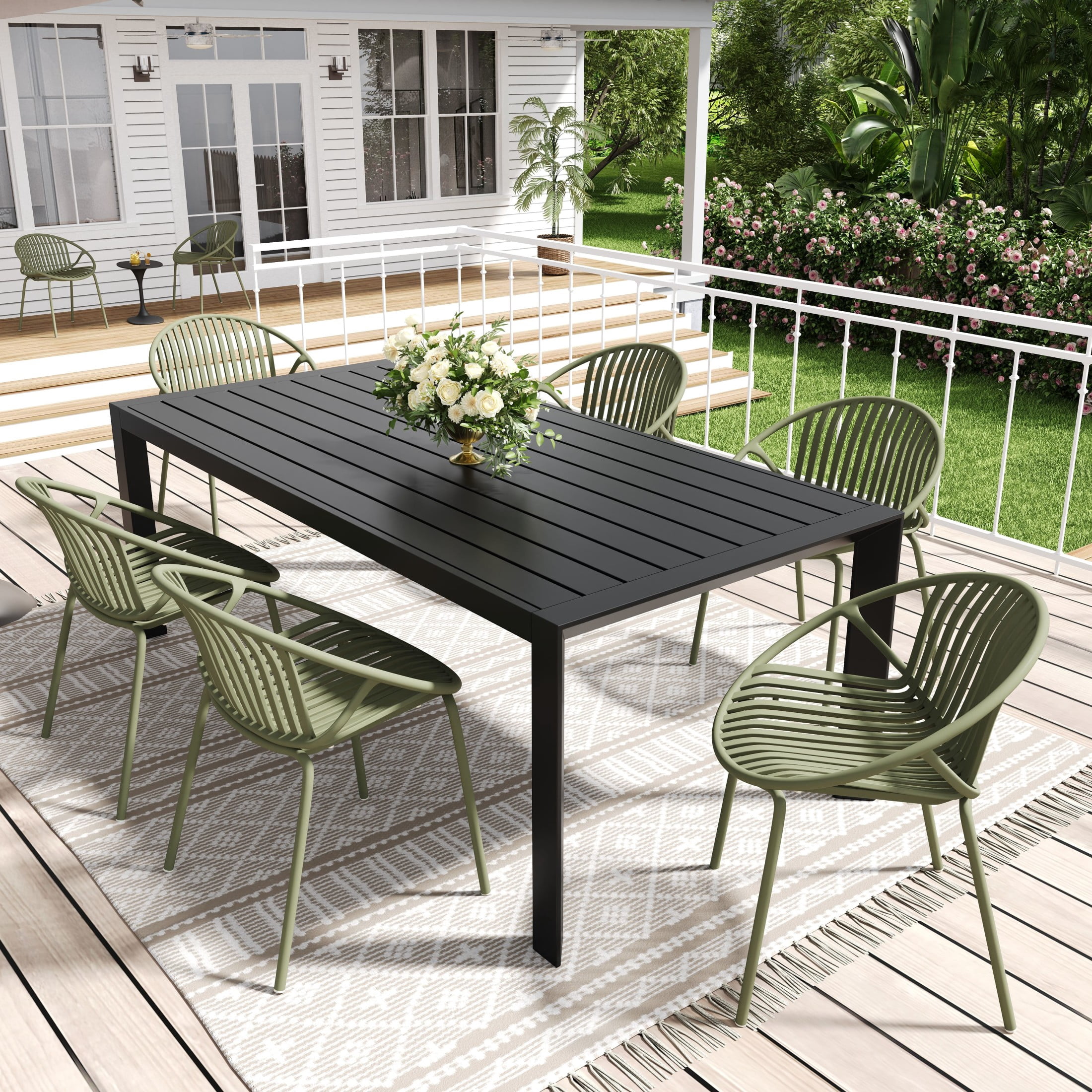Christopher Knight Home 7-Piece Modern Outdoor Dining Table with Black Aluminium Frame, Green Stackable Chairs