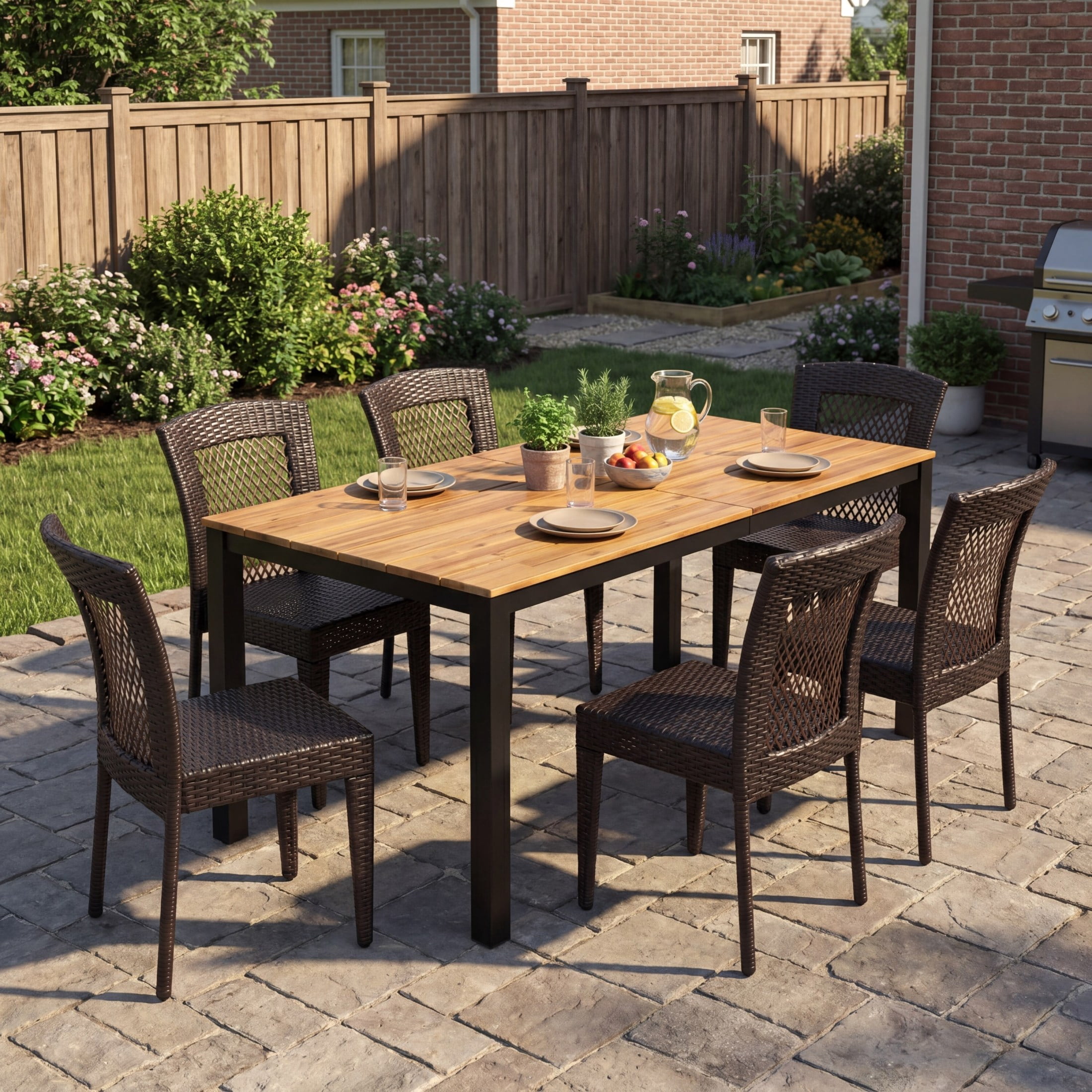 Christopher Knight Home 7-Piece Modern Outdoor Dining Table with Stackable Rattan Chairs, Brown+Black
