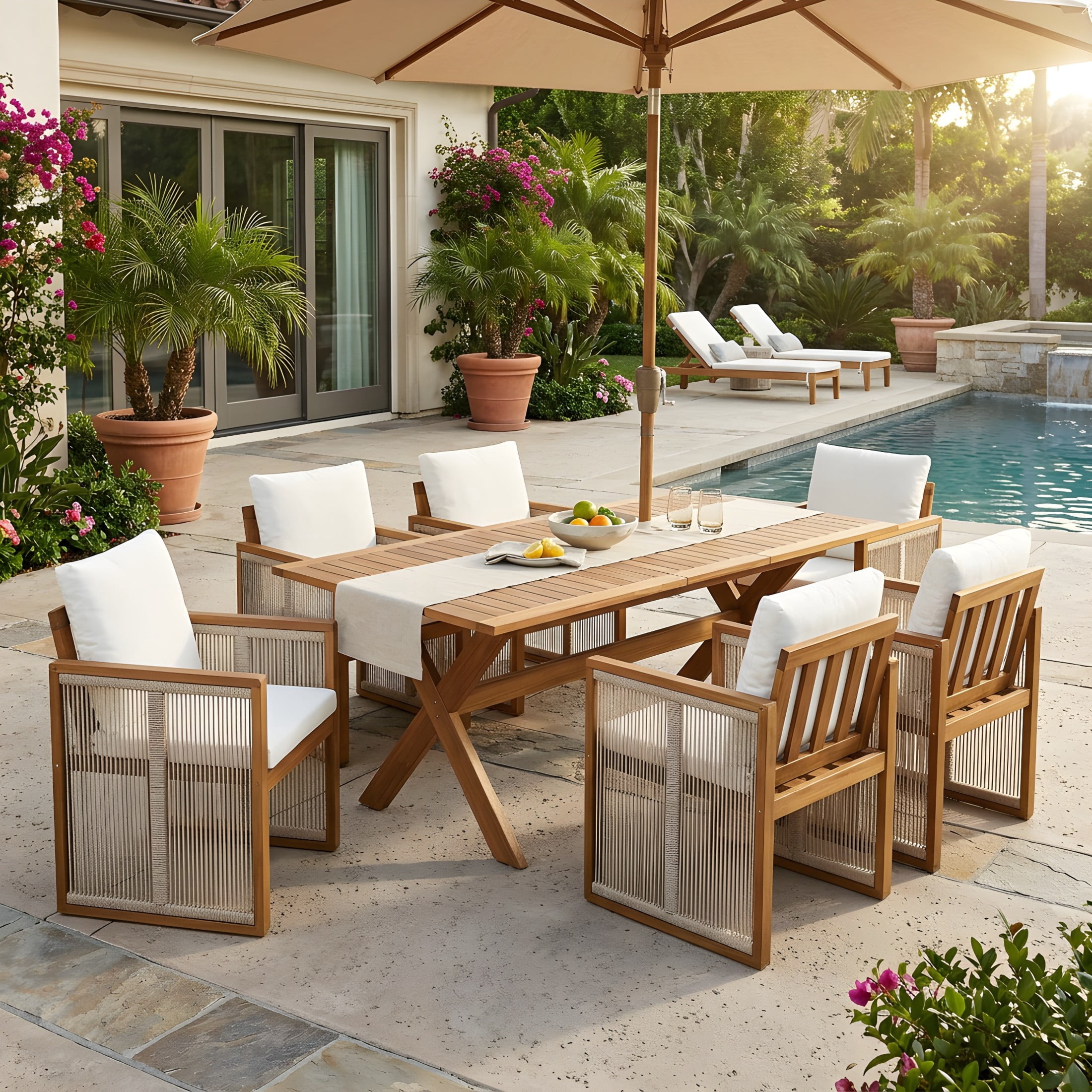 Christopher Knight Home 7-Piece Modern Outdoor Wood Dining Set, Extendable Table with Rope Chairs, Teak+Cream+Beige