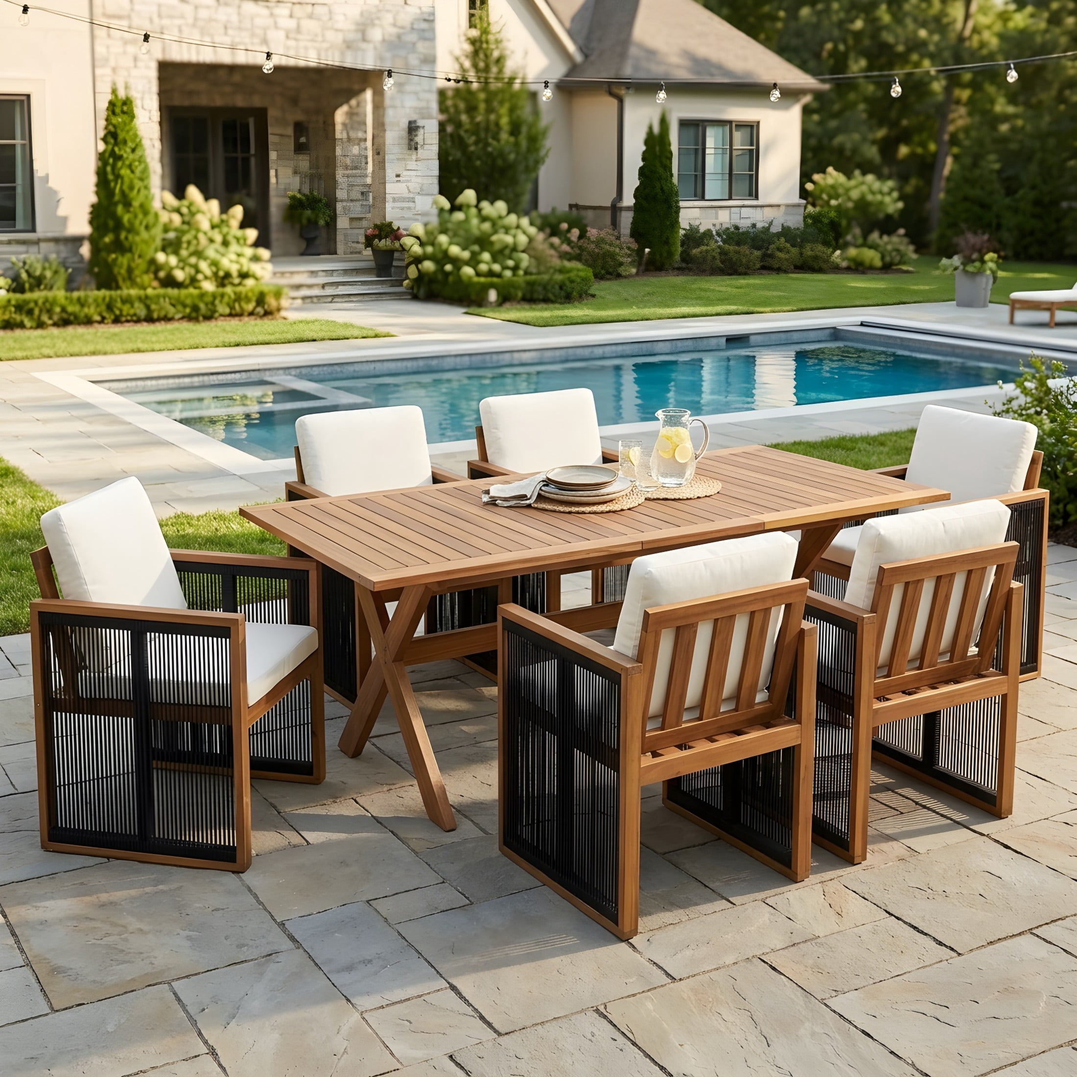 Christopher Knight Home 7-Piece Modern Outdoor Wood Dining Set, Extendable Table with Rope Chairs, Teak+Cream+Black