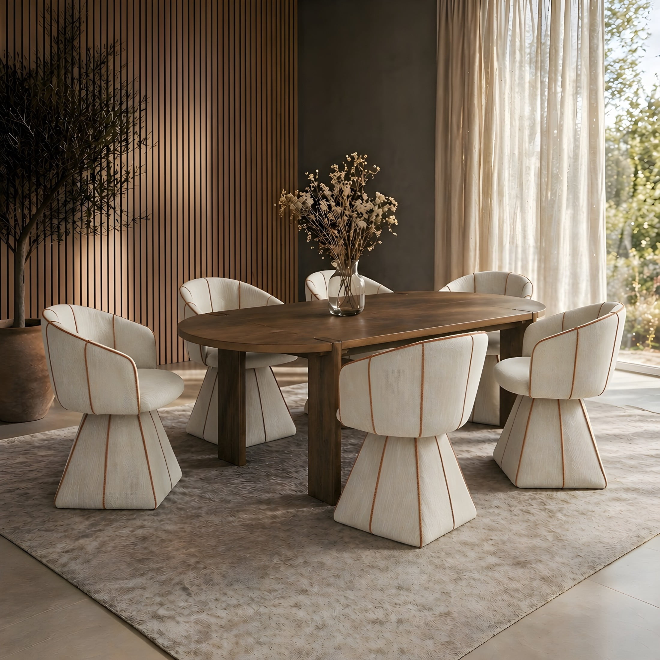 Christopher Knight Home 7-Piece Modern Oval Dining Set, Walnut Wood Table with Swivel Chairs, Beige+Champagne