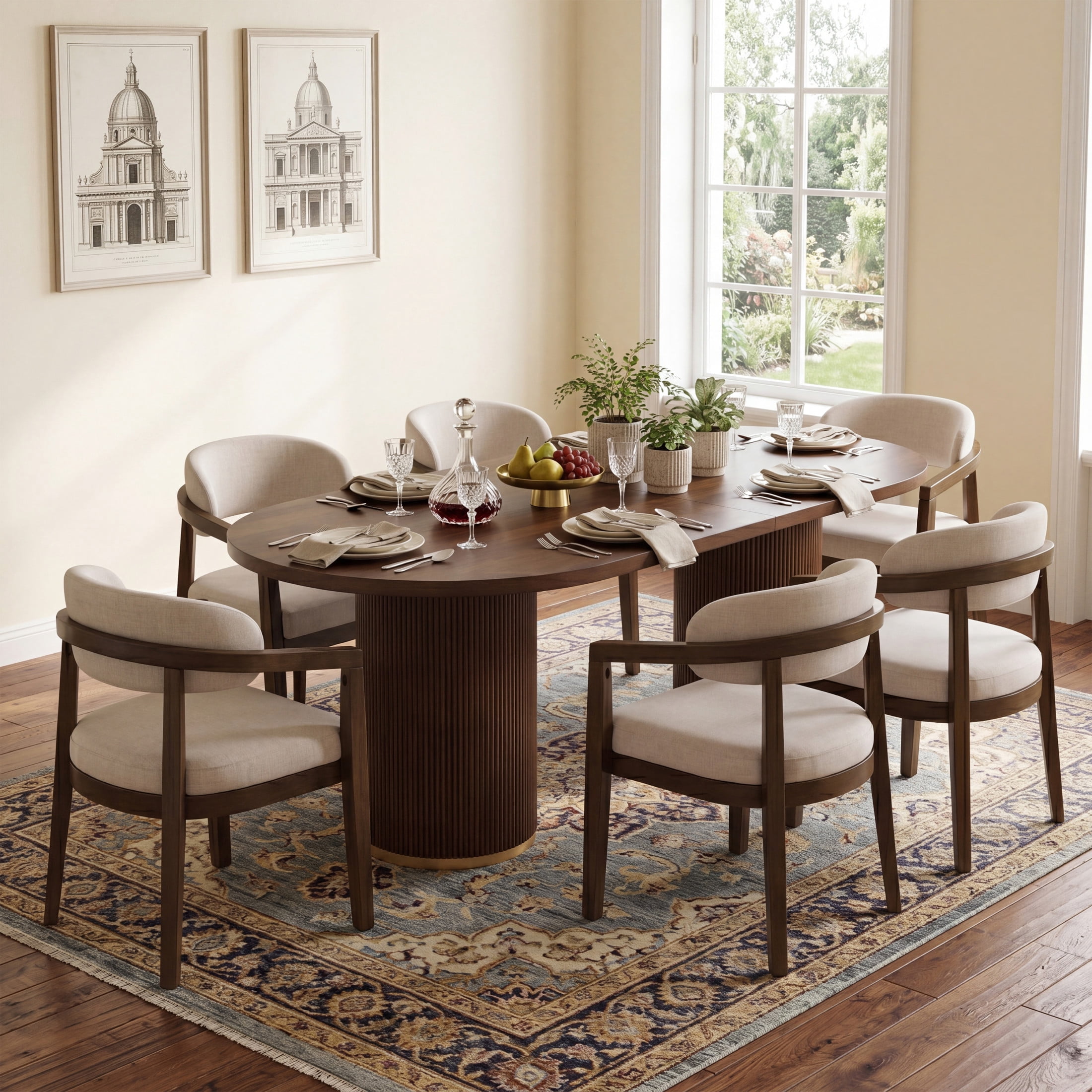 Christopher Knight Home 7-Piece Modern Oval Dining Table Set with Upholstered Chairs, Walnut