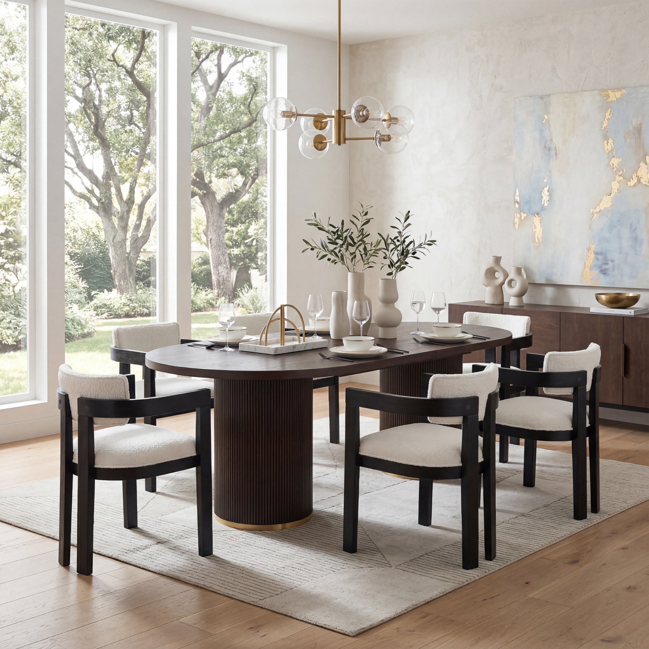 Christopher Knight Home 7-Piece Modern Oval Dining Table with Upholstered Chairs, Fluted Base, Black+Espresso