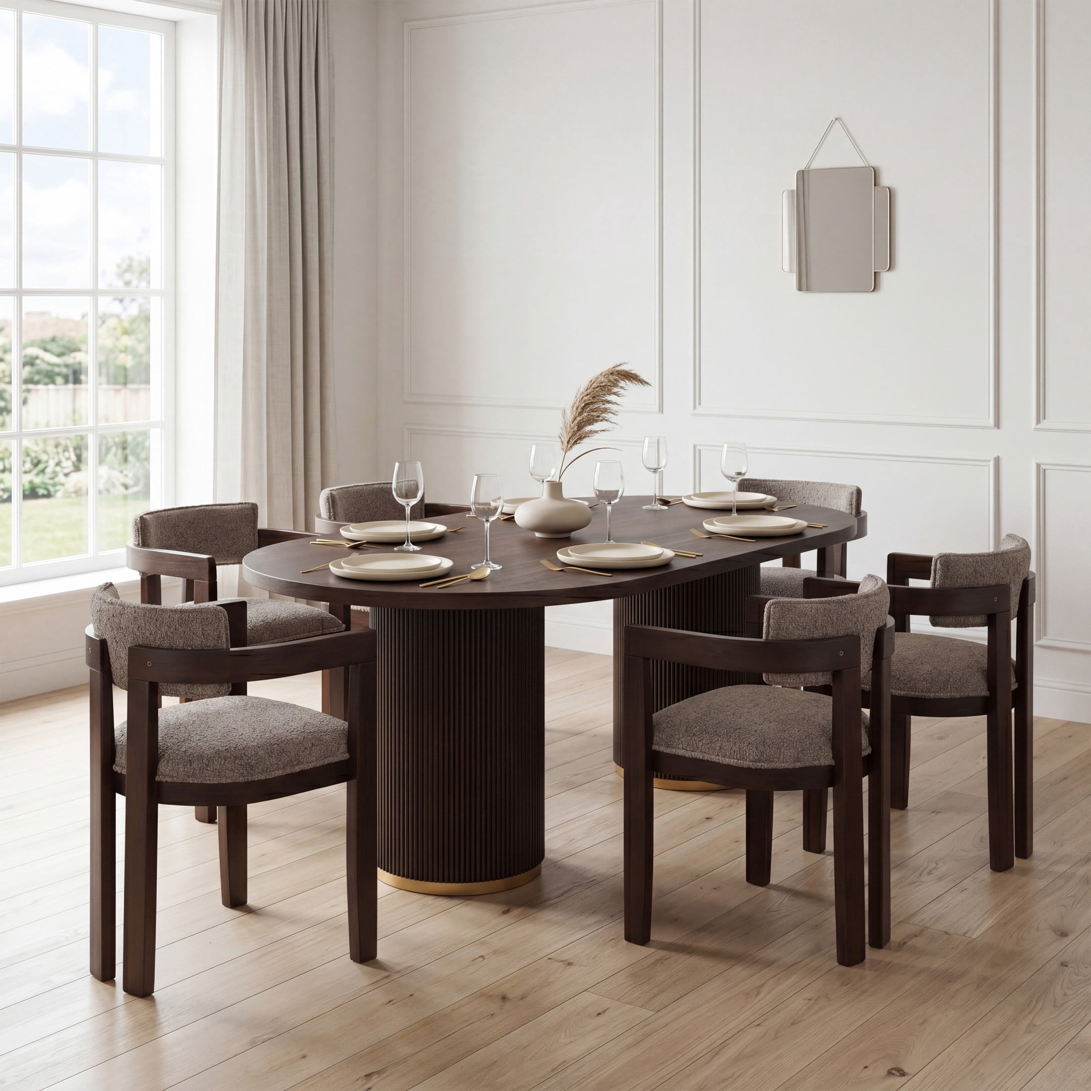 Christopher Knight Home 7-Piece Modern Oval Dining Table with Upholstered Chairs, Fluted Base, Espresso