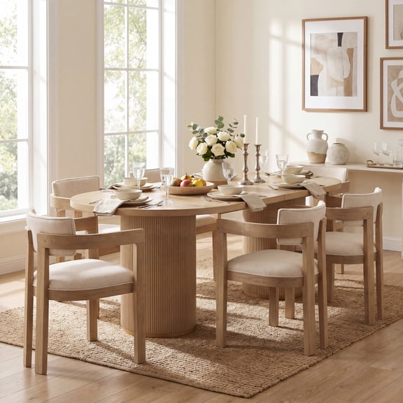 Christopher Knight Home 7-Piece Modern Oval Dining Table with Upholstered Chairs, Fluted Base, Light Ash