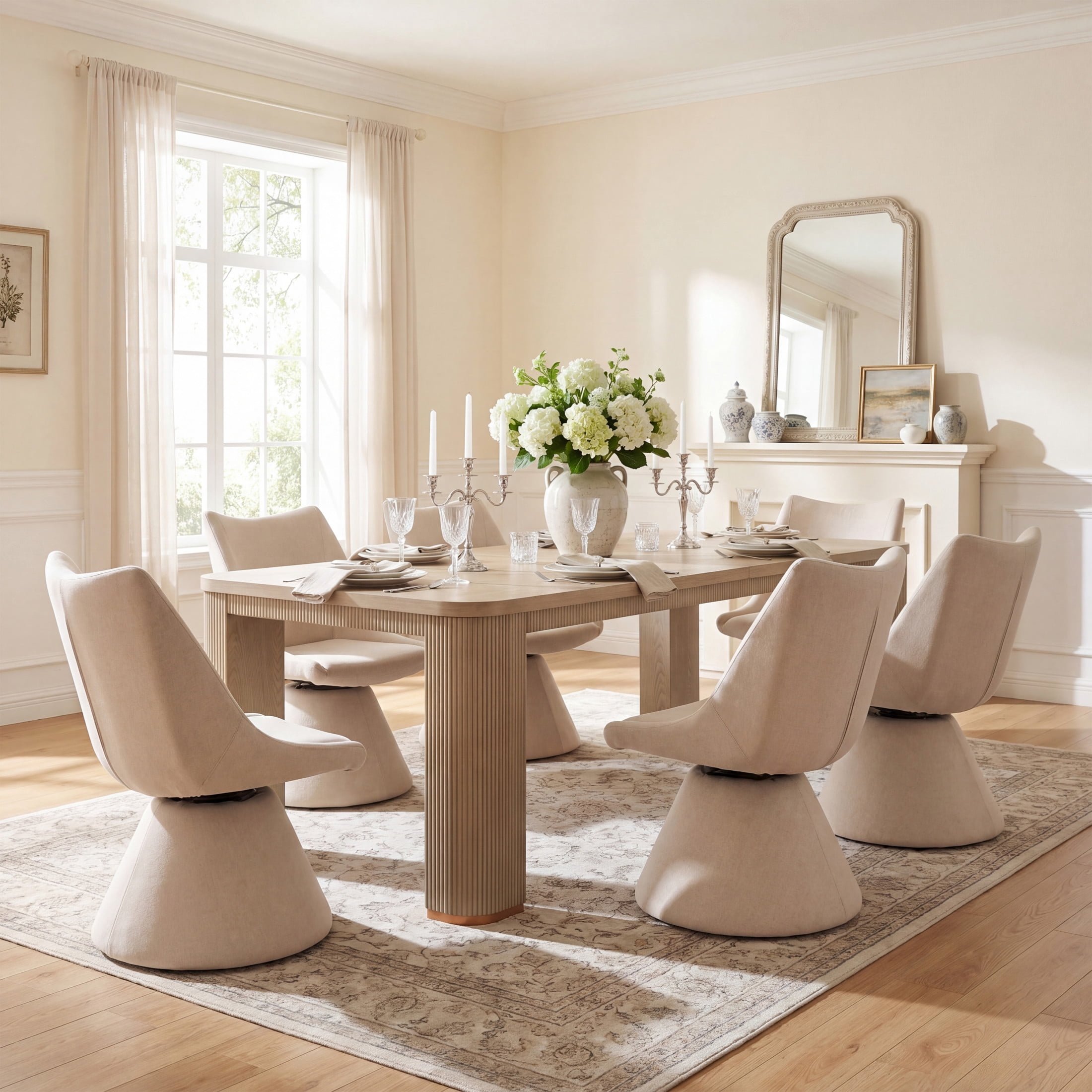 Christopher Knight Home 7-Piece Modern Swivel Upholstered Dining Chairs with 90" Table, Light Ash+Beige