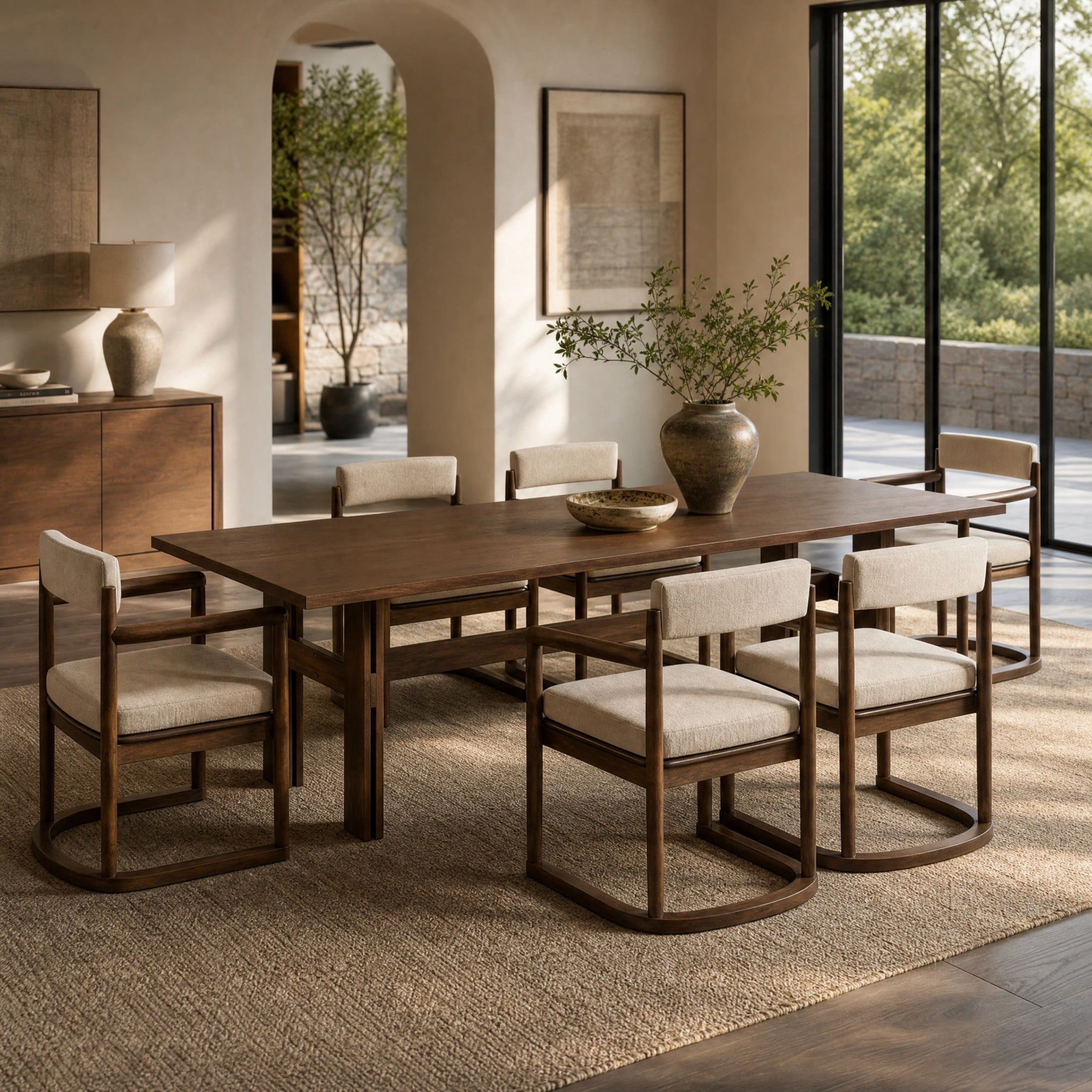 Christopher Knight Home 7-Piece Modern Wood Dining Table with Upholstered Chairs Set, Walnut+Beige