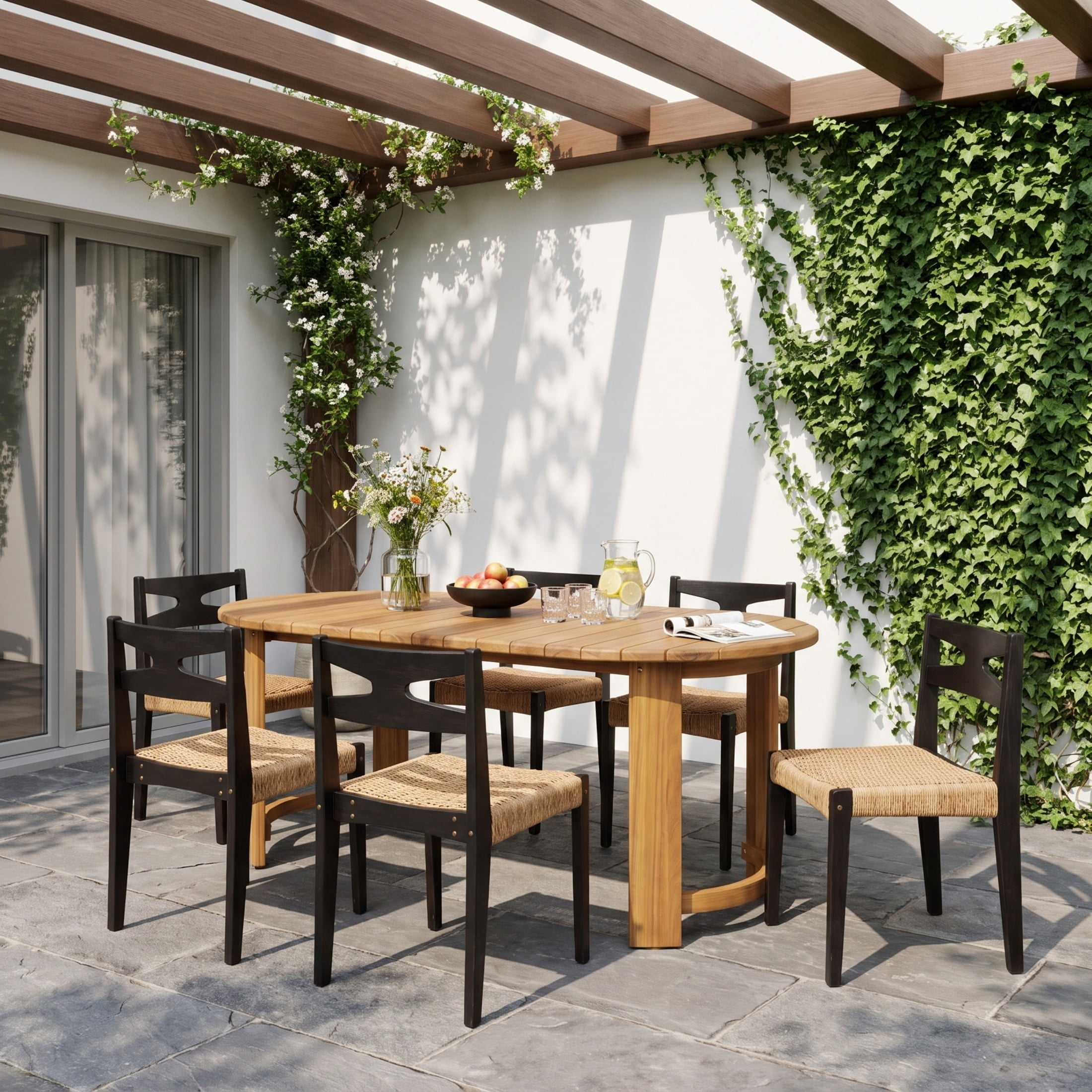 Christopher Knight Home 7-Piece Modern Wood Outdoor Dining Set, 70" Oval Table and Wicker Chairs, Teak+Black