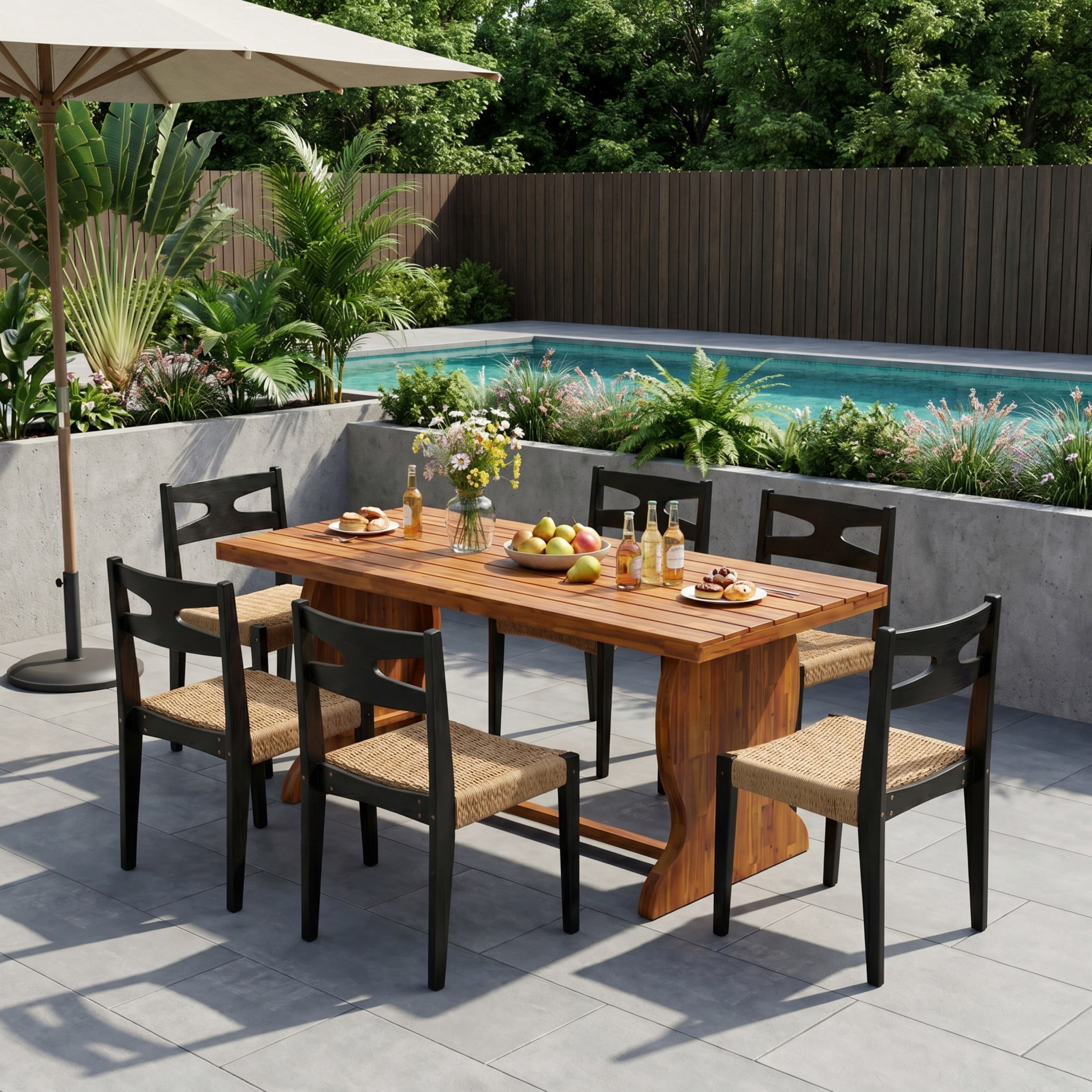 Christopher Knight Home 7-Piece Modern Wood Outdoor Dining Table with 6 Wicker Chairs, Natural+Black