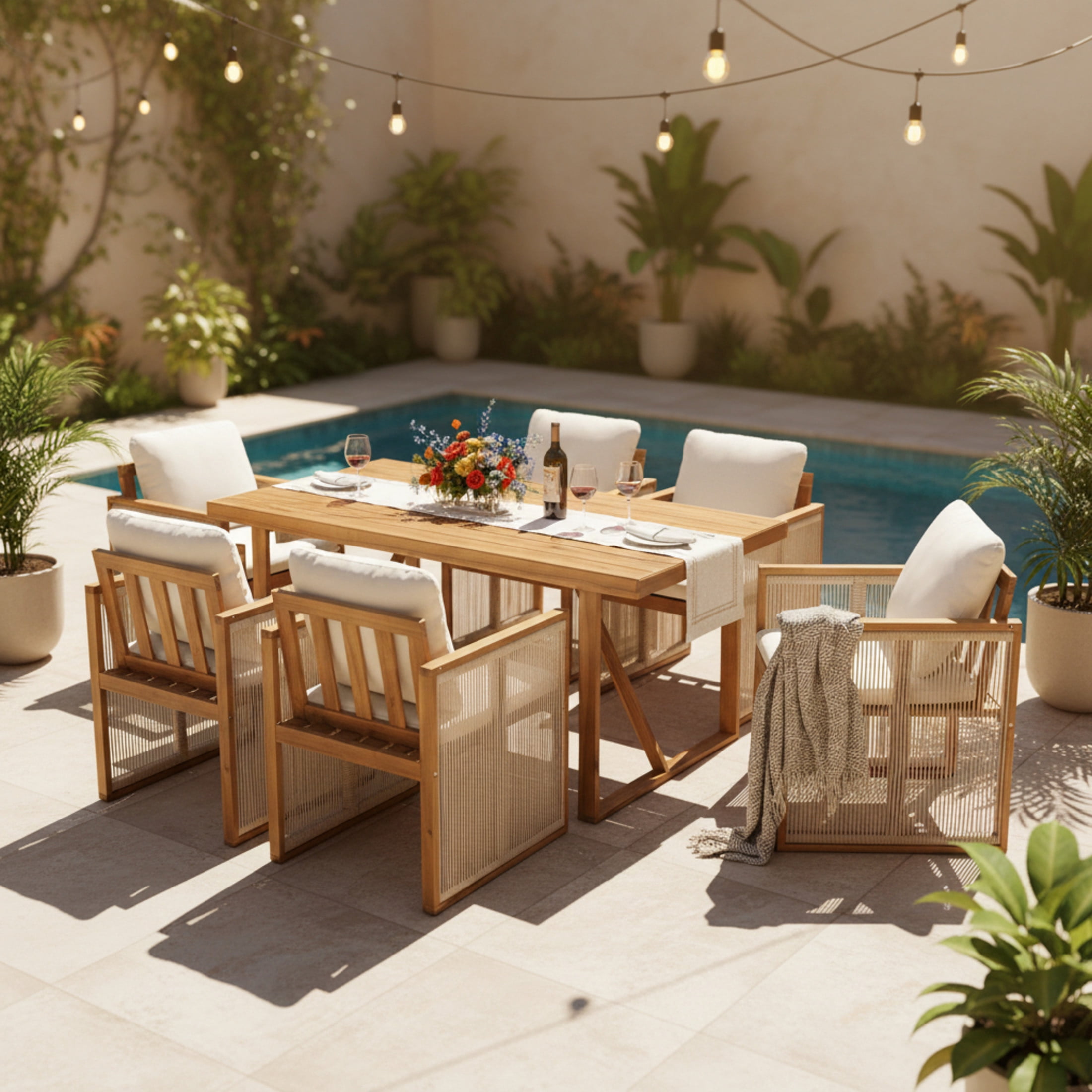 Christopher Knight Home 7-Piece Modern Wooden Outdoor Dining Set with Rope Chairs and Cushions, Beige