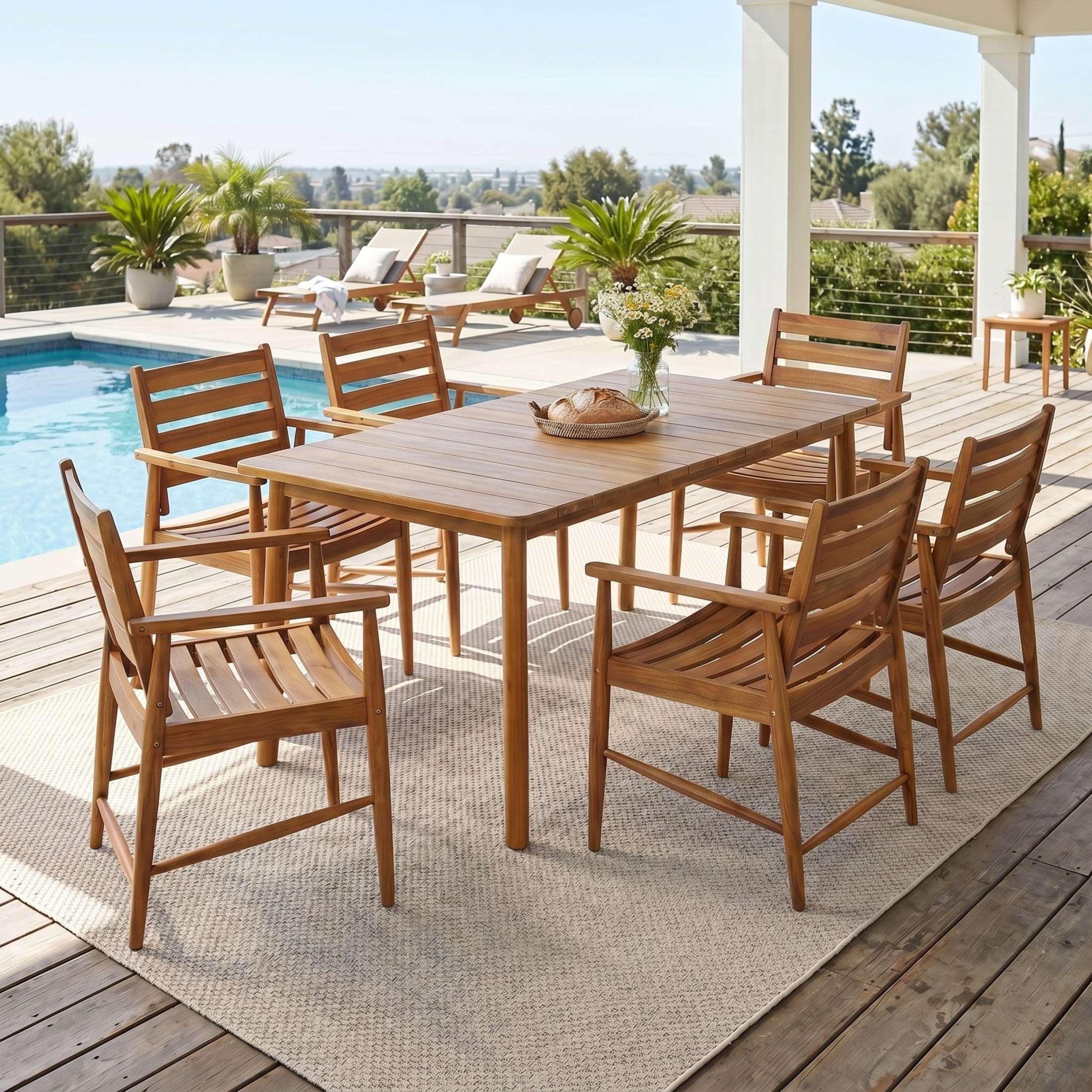 Christopher Knight Home 7-Piece Outdoor Acacia Wood Dining Set, 67" Table with Slatted Chairs, Teak