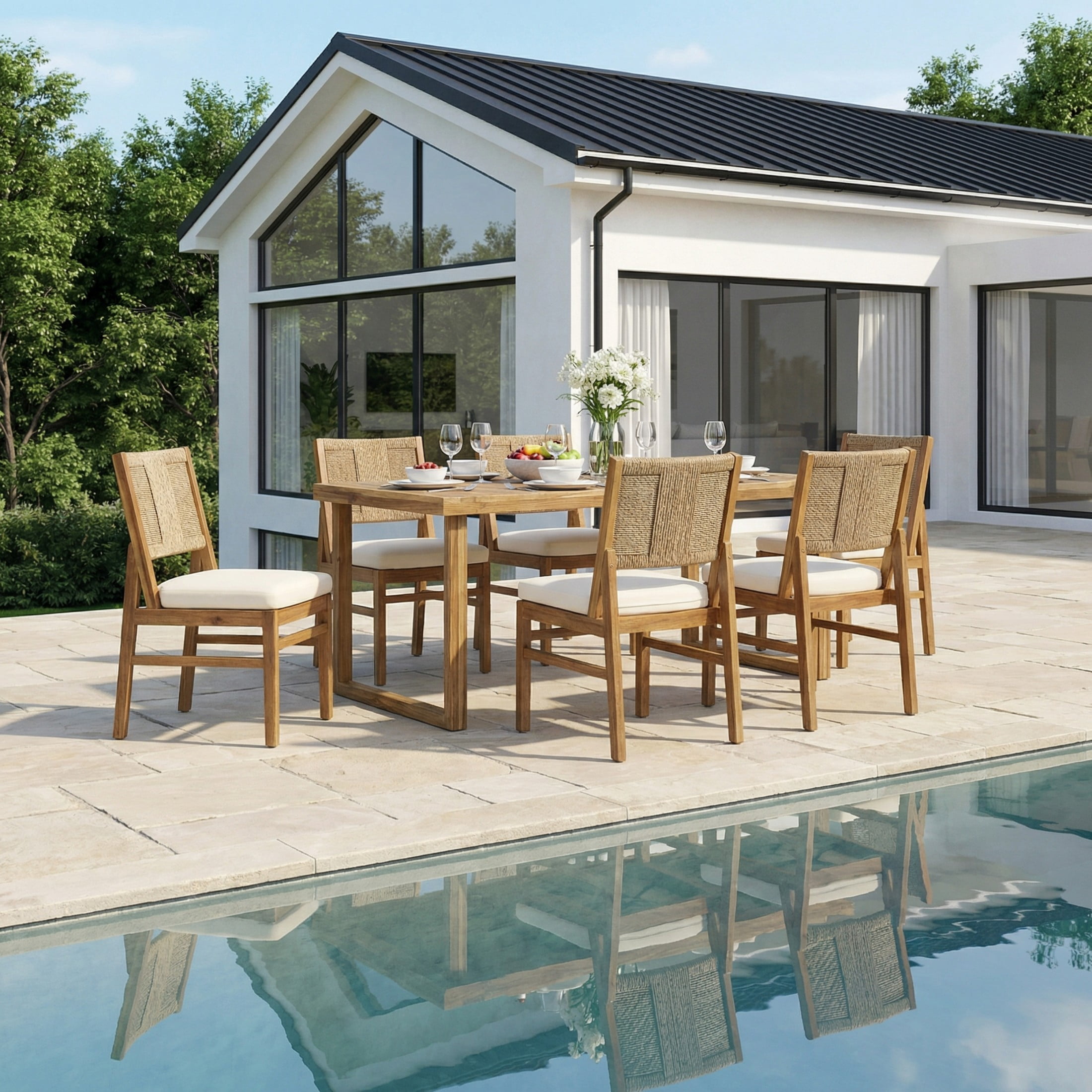 Christopher Knight Home 7-Piece Outdoor Acacia Wood Dining Set with 69" Table and Wicker Back Chairs