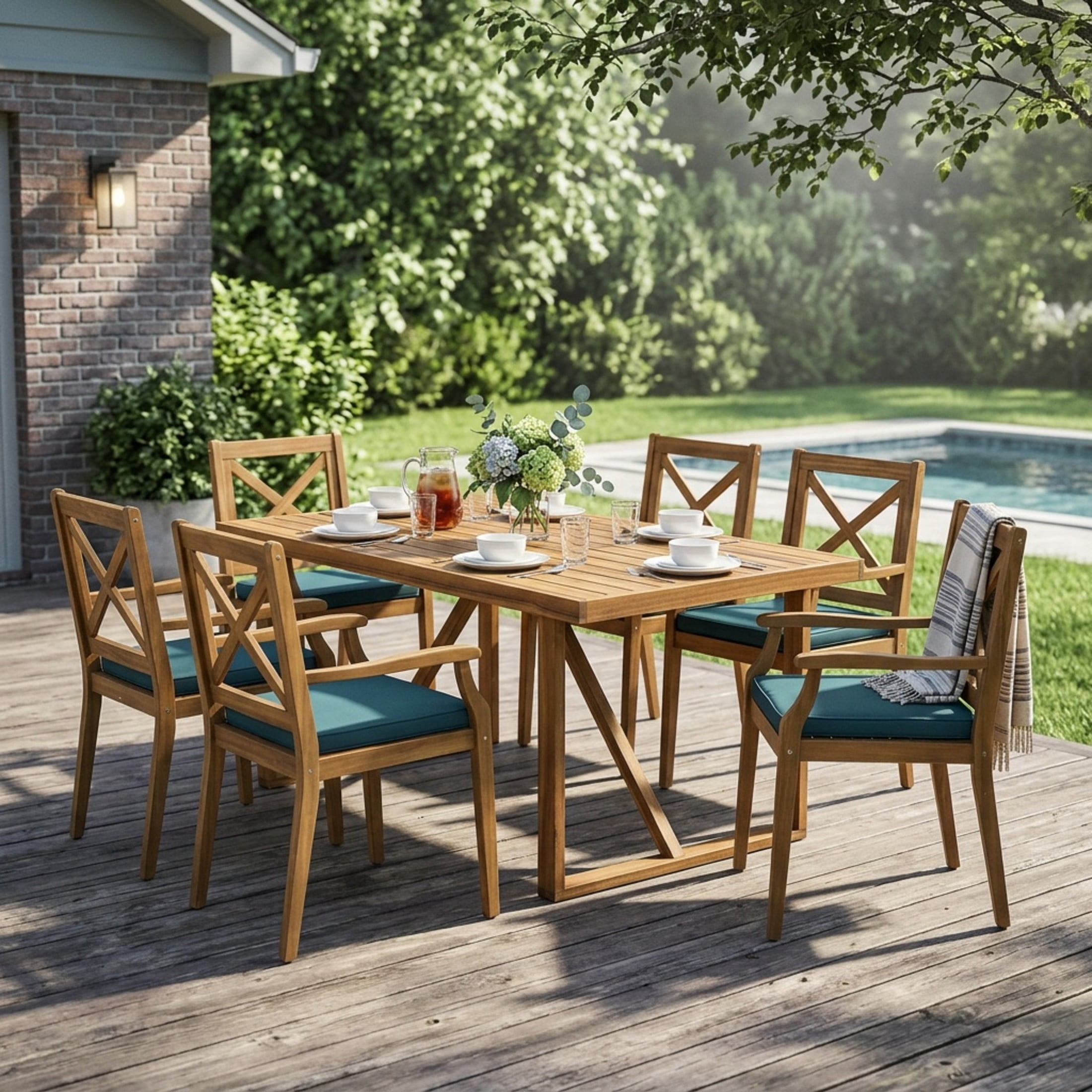 Christopher Knight Home 7-Piece Outdoor Acacia Wood Dining Set with Cushions for Garden, Teak+Blue