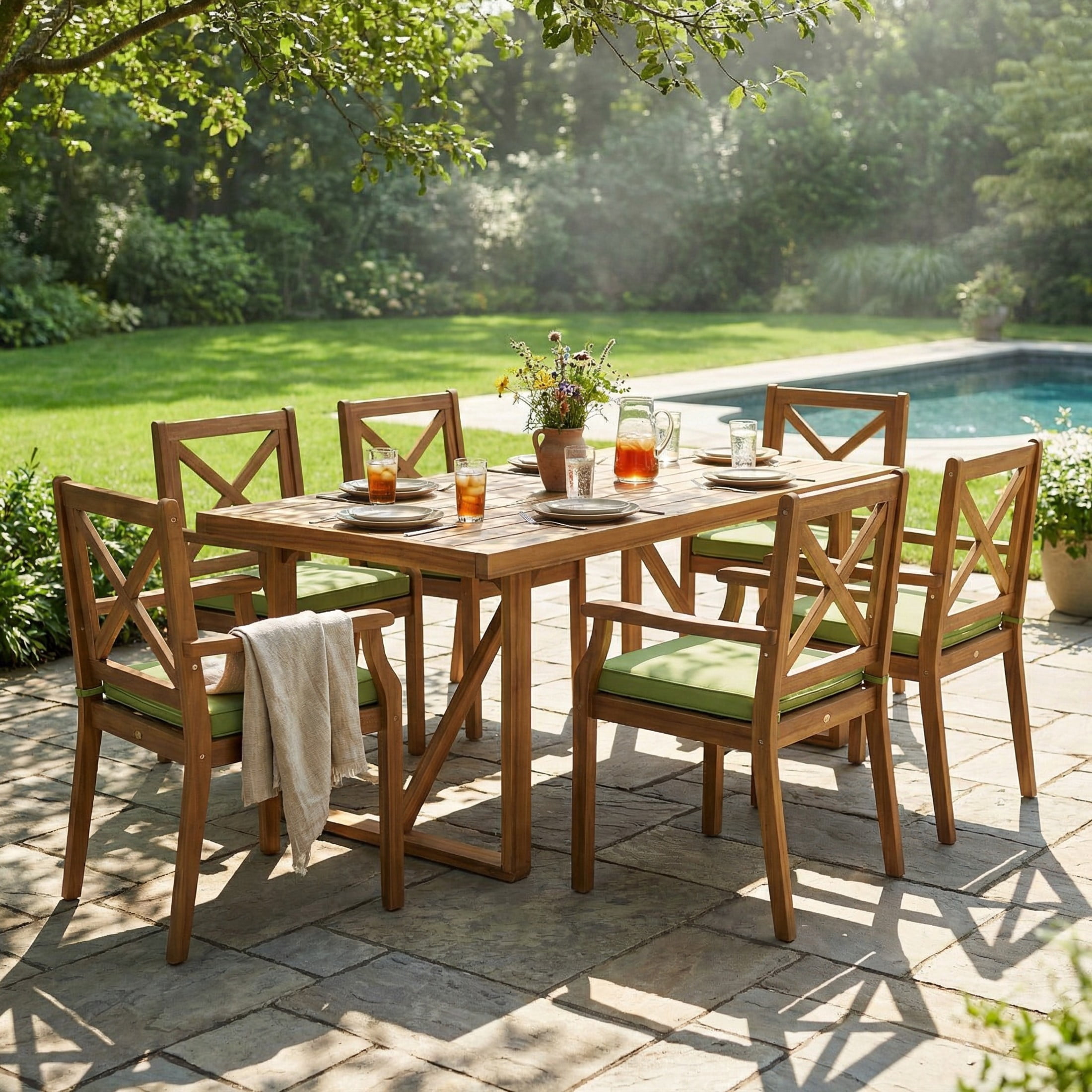 Christopher Knight Home 7-Piece Outdoor Acacia Wood Dining Set with Cushions for Garden, Teak+Green