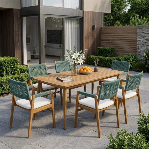 Christopher Knight Home 7-Piece Outdoor Acacia Wood Dining Set with Rope Chairs and 79" Table, Green+Teak