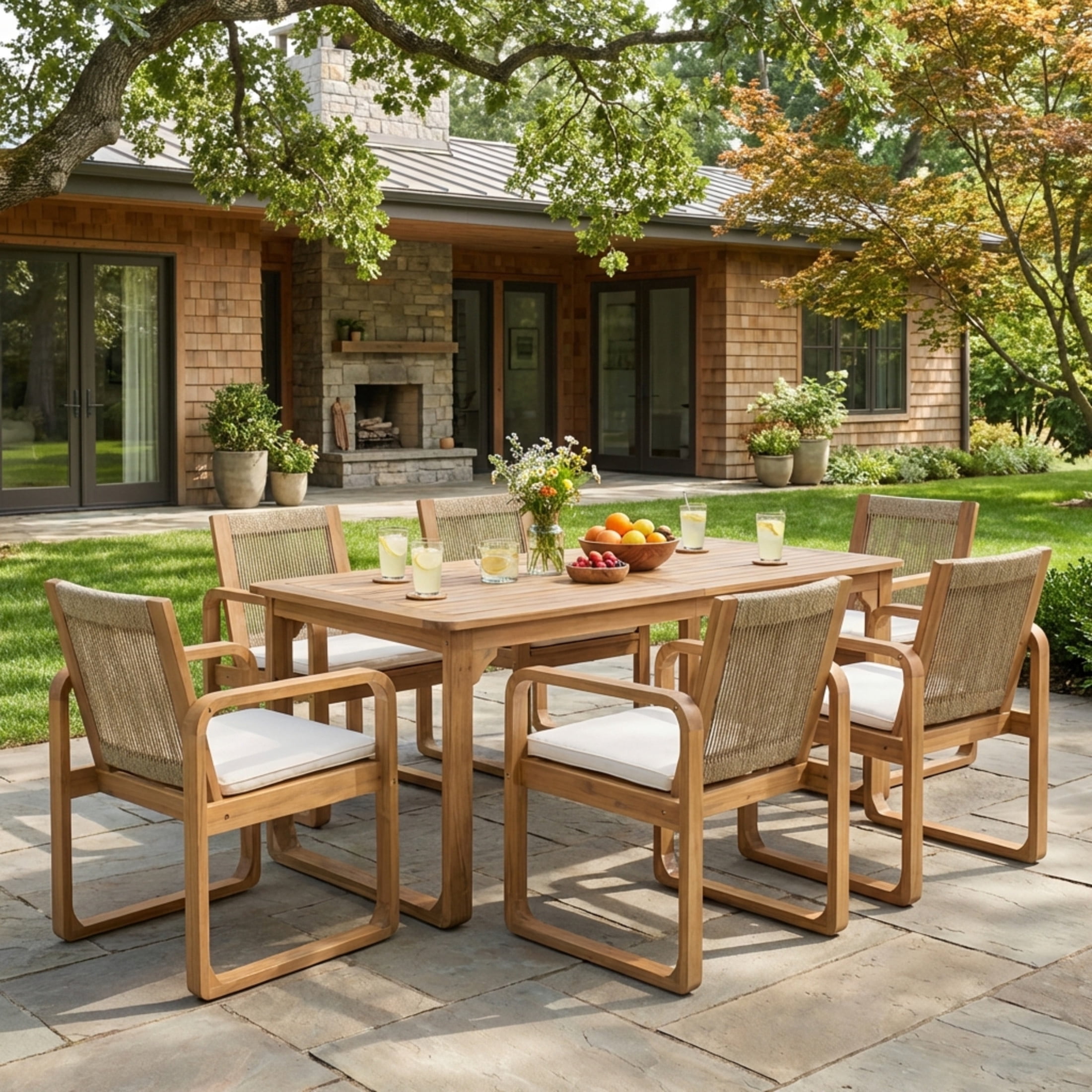 Christopher Knight Home 7-Piece Outdoor Curved Leg Dining Set, Rope Back Chairs with Cushions, Light Teak