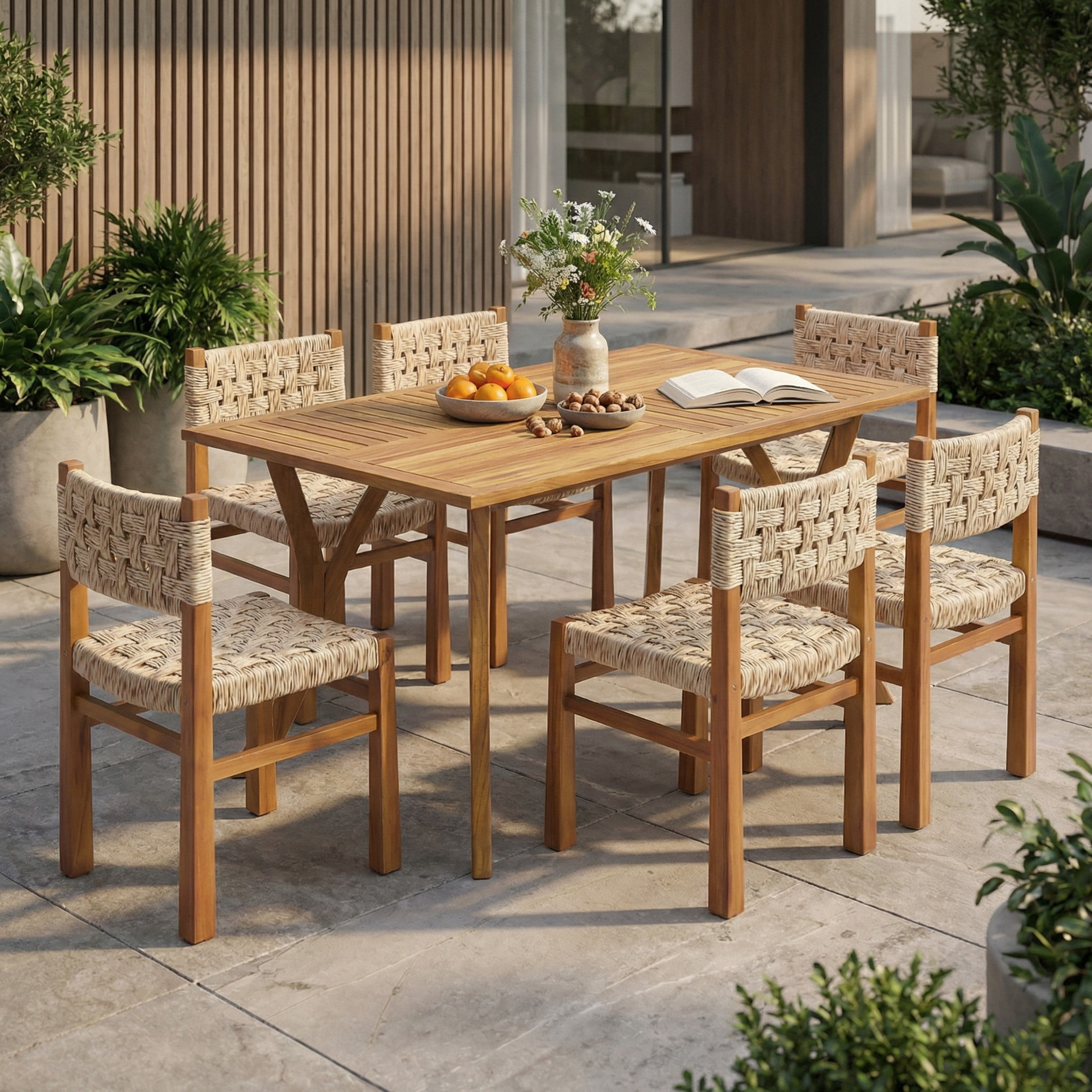 Christopher Knight Home 7-Piece Outdoor Dining Set, 59" Teak Wood Table and Light Gray Wicker Chairs