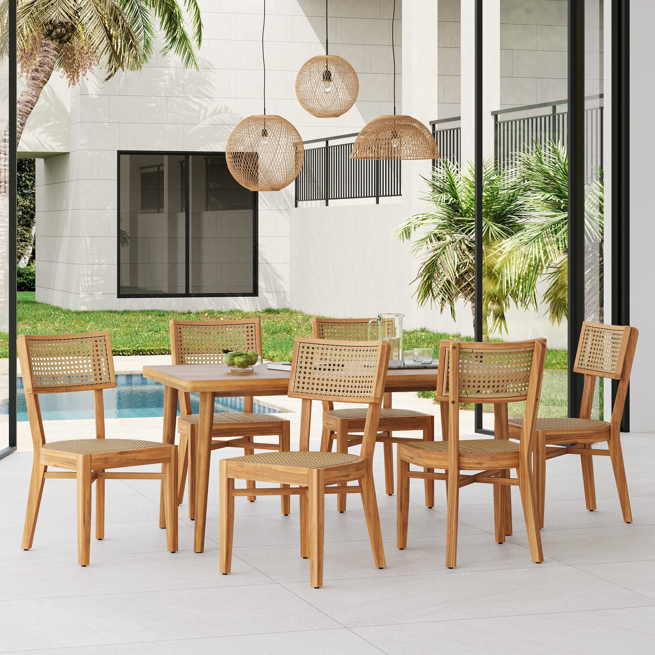 Christopher Knight Home 7-Piece Outdoor Dining Set, 63" Table with Umbrella Hole and Light Brown Wicker Chairs