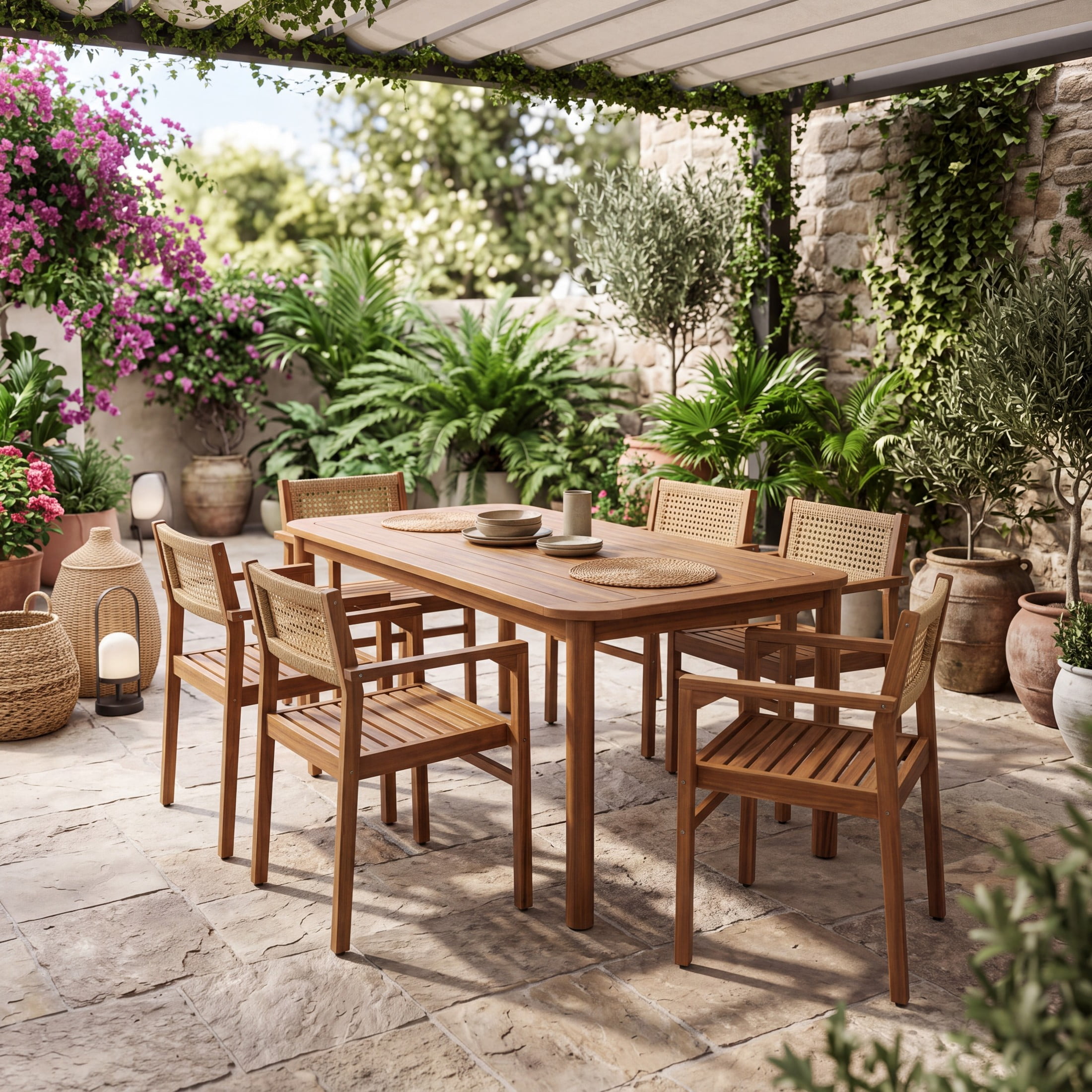 Christopher Knight Home 7-Piece Outdoor Dining Set, 66" Wood Table and Wicker Back Chairs, Natural Stained