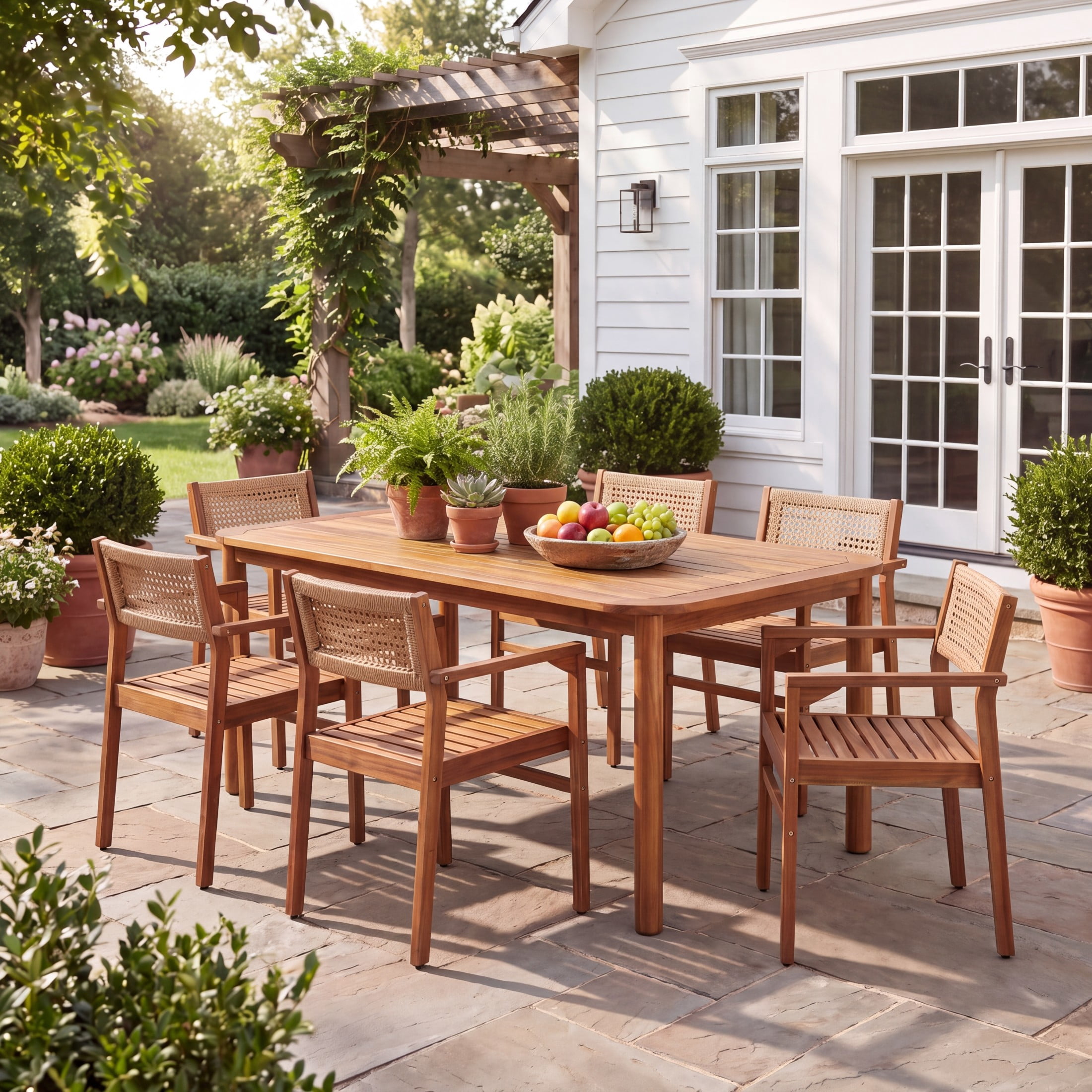 Christopher Knight Home 7-Piece Outdoor Dining Set, 66" Wood Table and Wicker Back Chairs, Teak