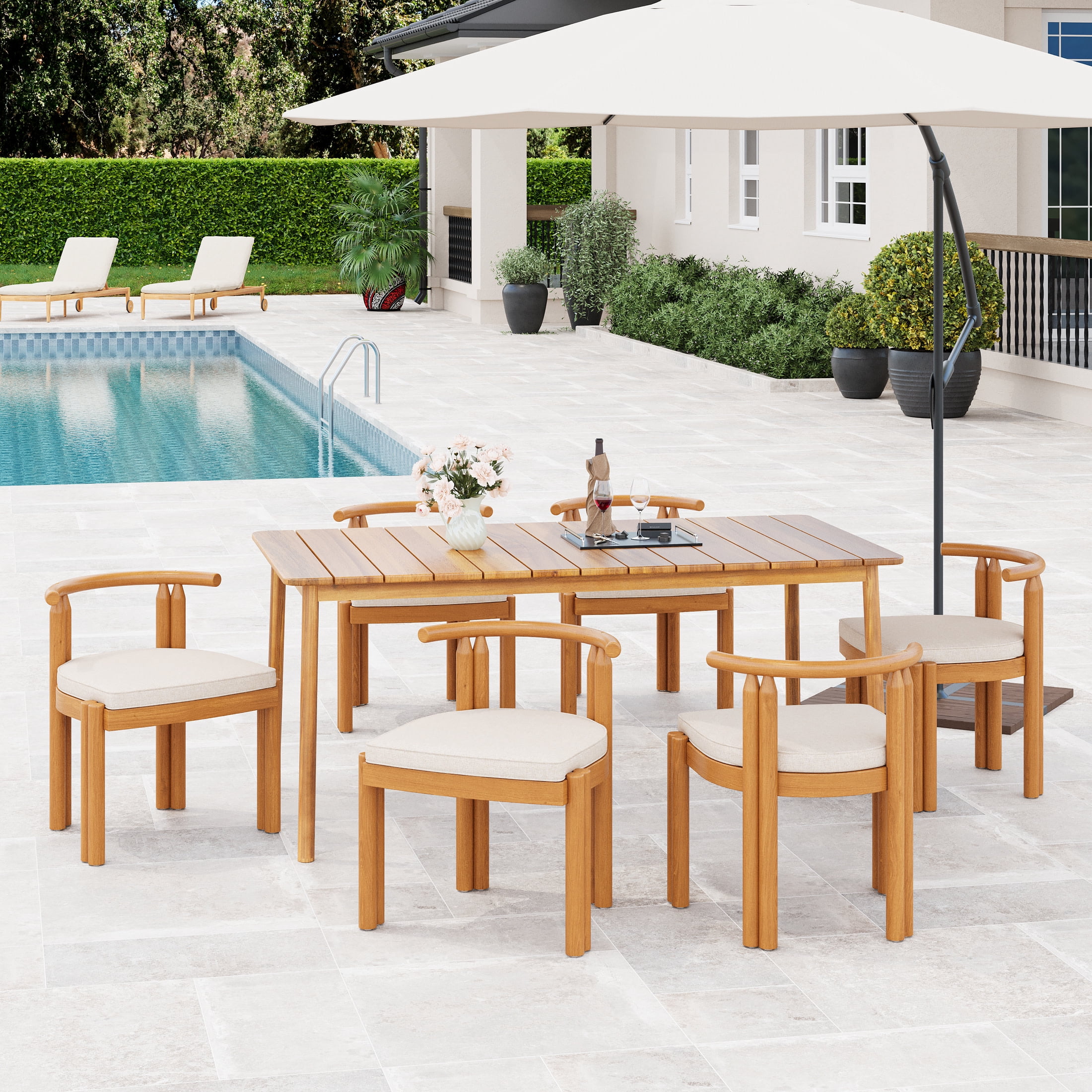 Christopher Knight Home 7-Piece Outdoor Dining Set, 67" Table with Armless Chairs, Wood Frame, Teak+Beige