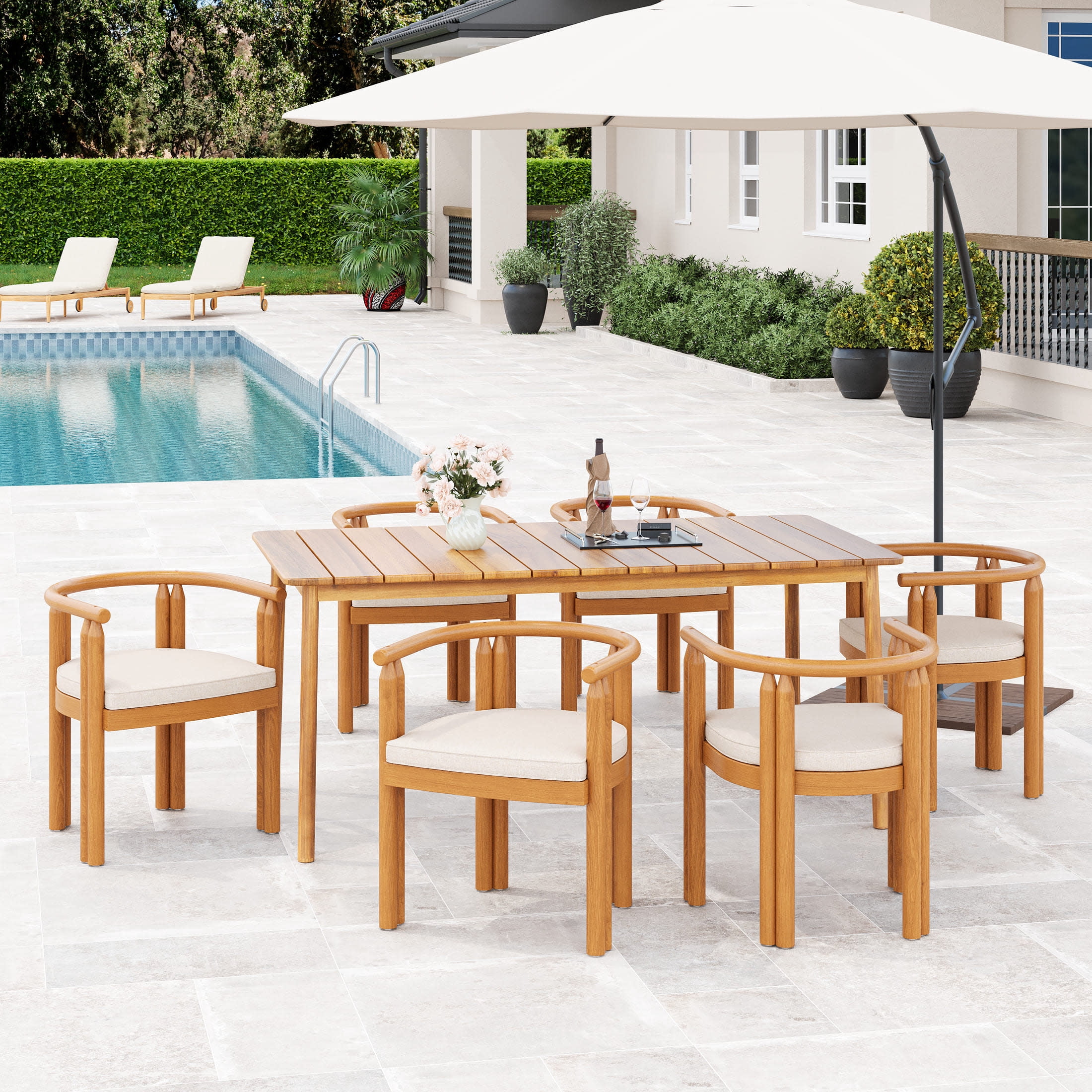 Christopher Knight Home 7-Piece Outdoor Dining Set, 67" Table with Armrest Chairs, Wood Frame, Teak+Beige