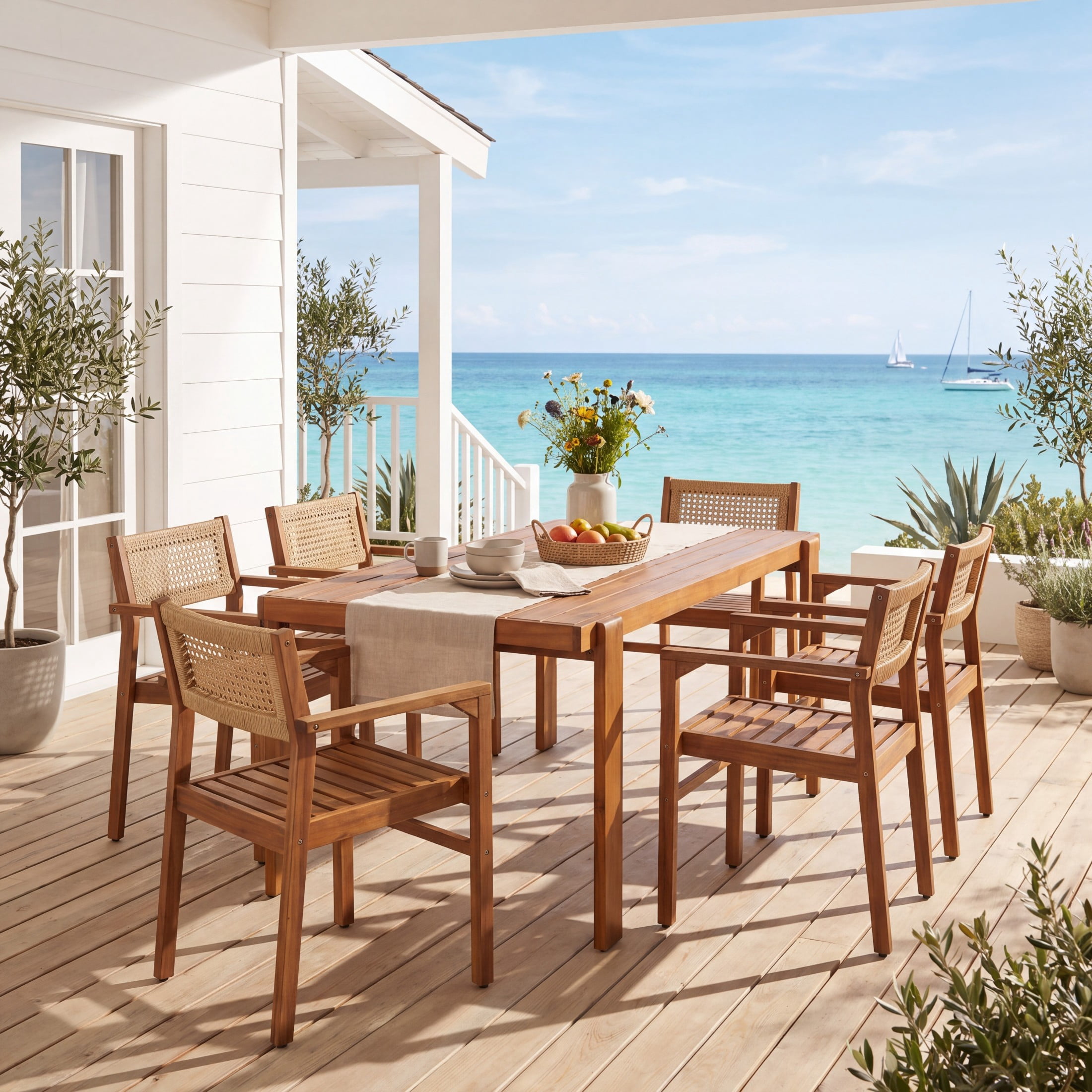 Christopher Knight Home 7-Piece Outdoor Dining Set, 67" Wood Table and Wicker Back Chairs, Natural Stained