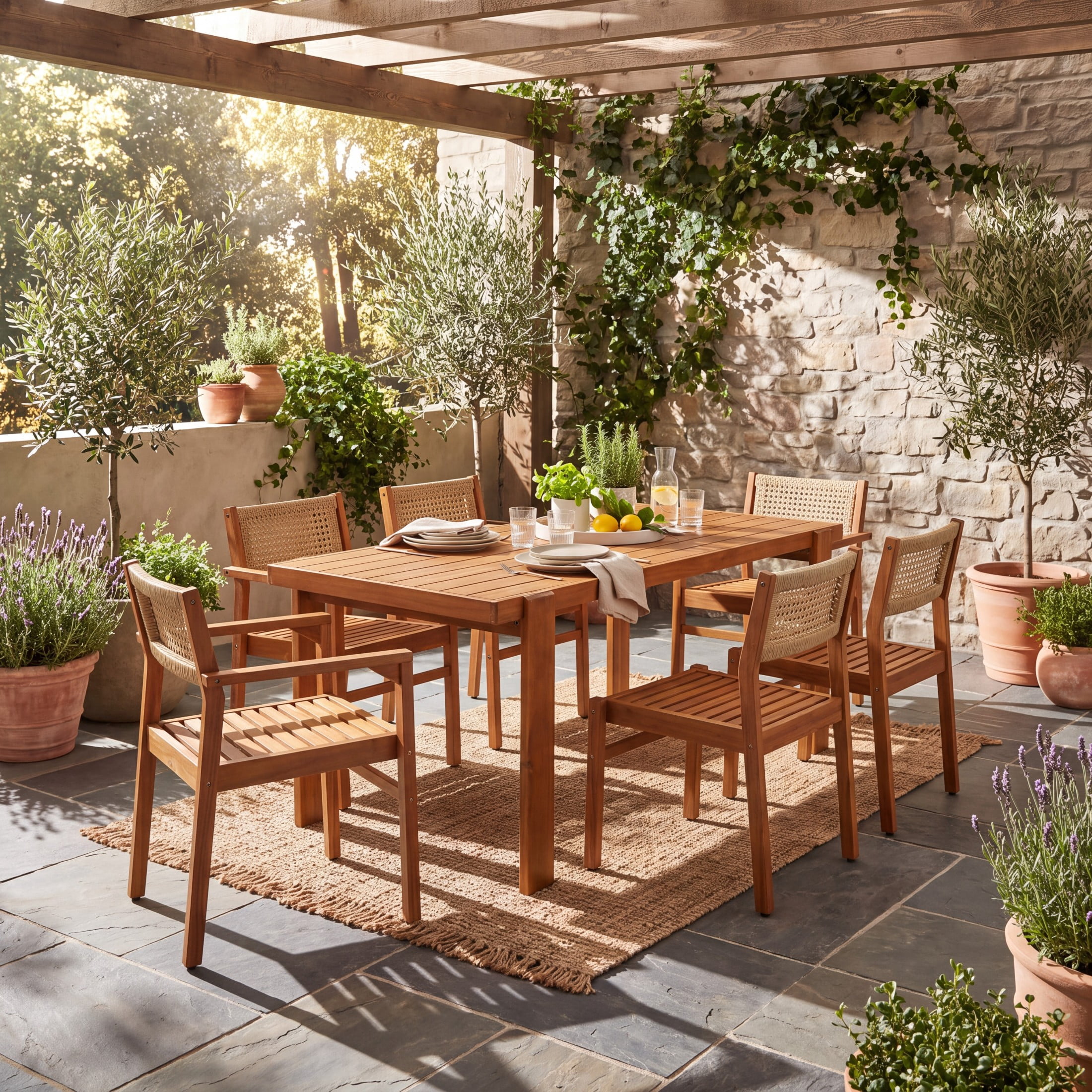 Christopher Knight Home 7-Piece Outdoor Dining Set, 67" Wood Table and Wicker Back Chairs, Teak