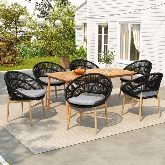 Christopher Knight Home 7-Piece Outdoor Dining Set, 67" Wood Table with Funnel Back Wicker Chairs, Gray Cushion