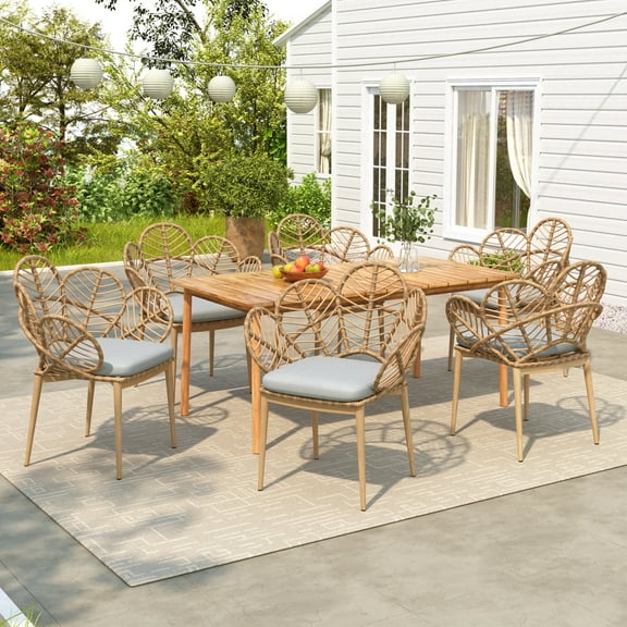 Christopher Knight Home 7-Piece Outdoor Dining Set, 67" Wood Table with Wicker Papasan Style Chairs, Beige Cushion