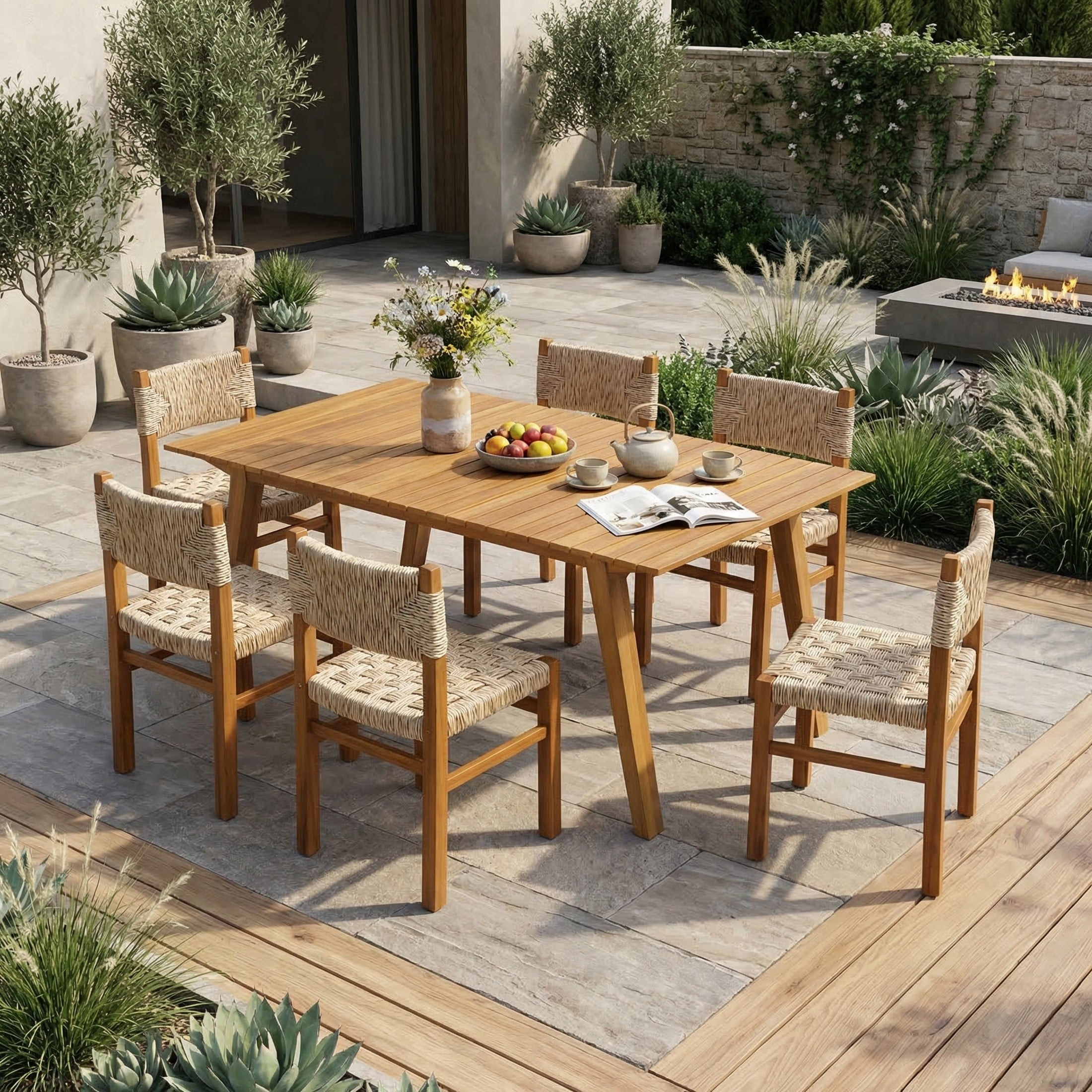 Christopher Knight Home 7-Piece Outdoor Dining Set, 68.5" Teak Wood Table and Light Gray Wicker Chairs