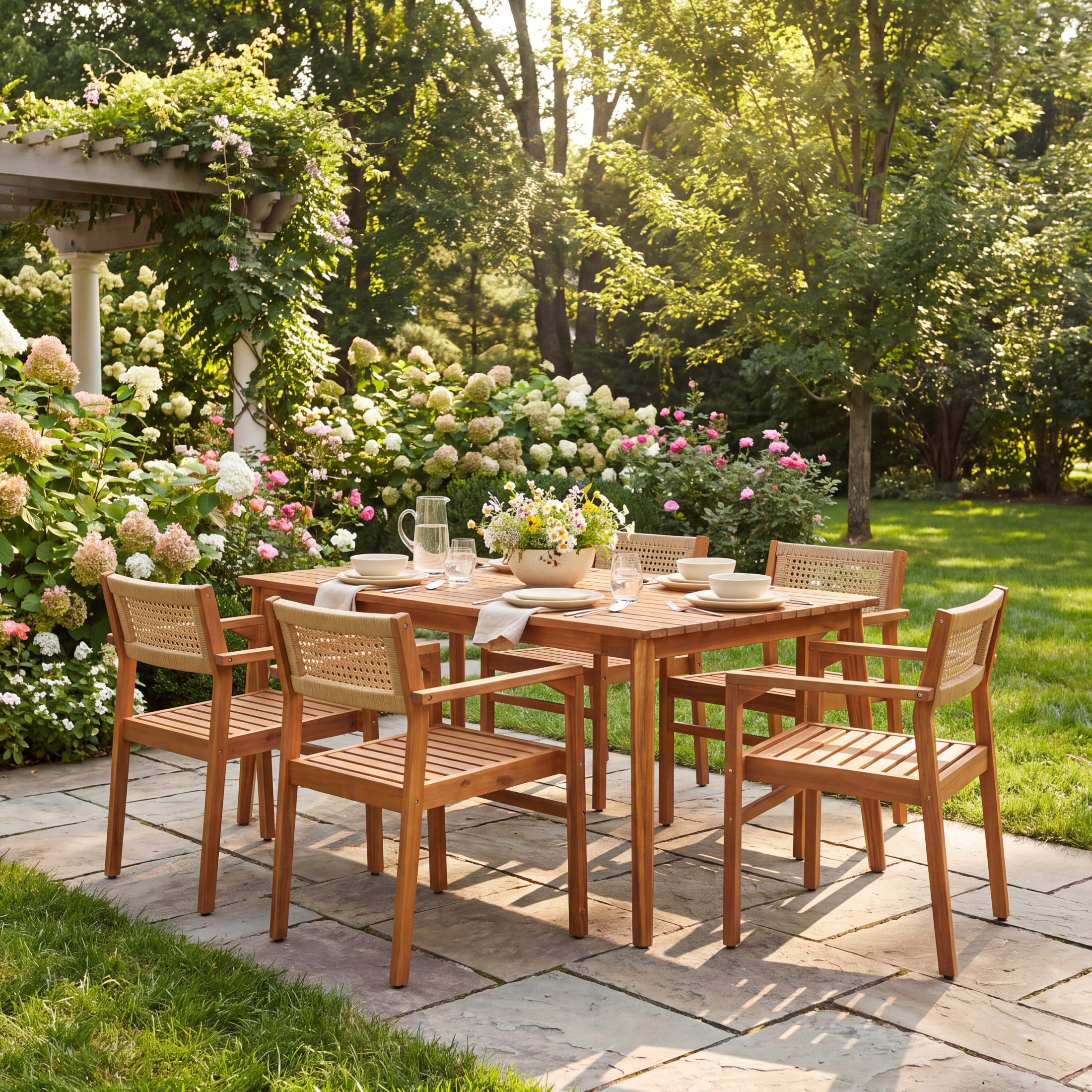 Christopher Knight Home 7-Piece Outdoor Dining Set, 70.8" Wood Table with Wicker Back Chairs, Teak