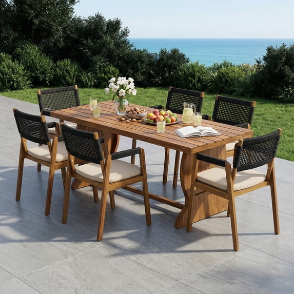 Christopher Knight Home 7-Piece Outdoor Dining Set, 70" Table and Black Rope Armchairs with Cushions