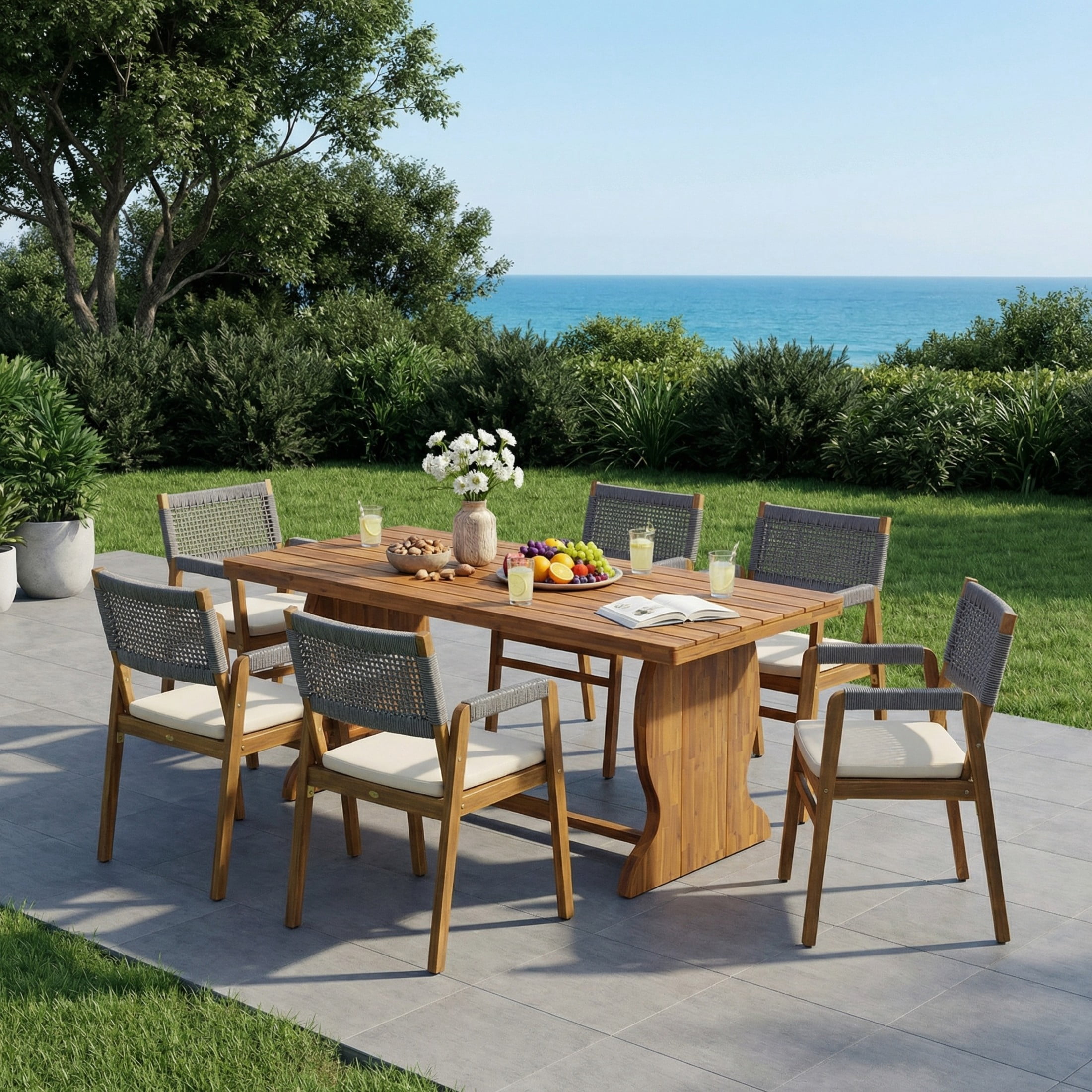 Christopher Knight Home 7-Piece Outdoor Dining Set, 70" Table and Gray Rope Armchairs with Cushions
