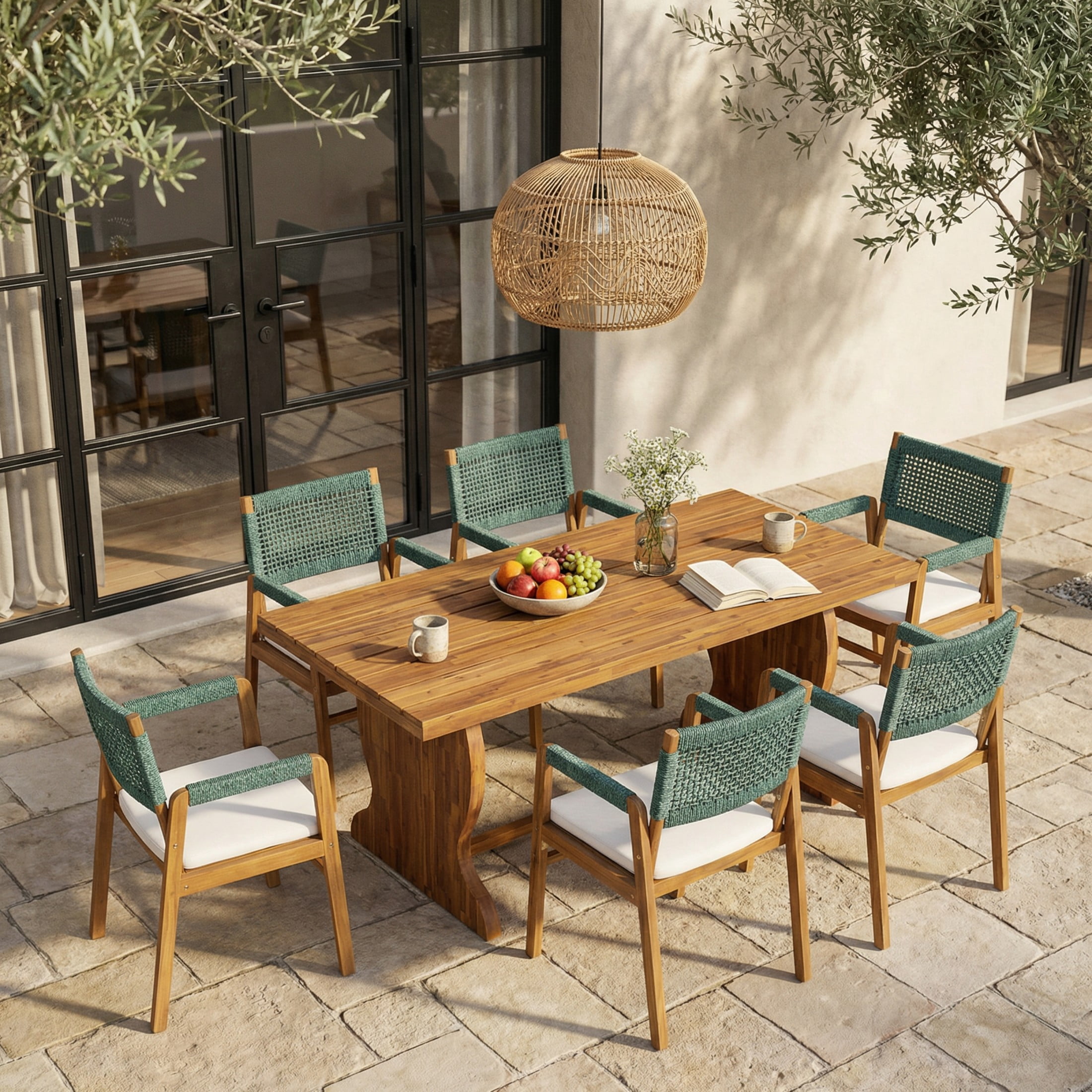 Christopher Knight Home 7-Piece Outdoor Dining Set, 70" Table and Green Rope Armchairs with Cushions