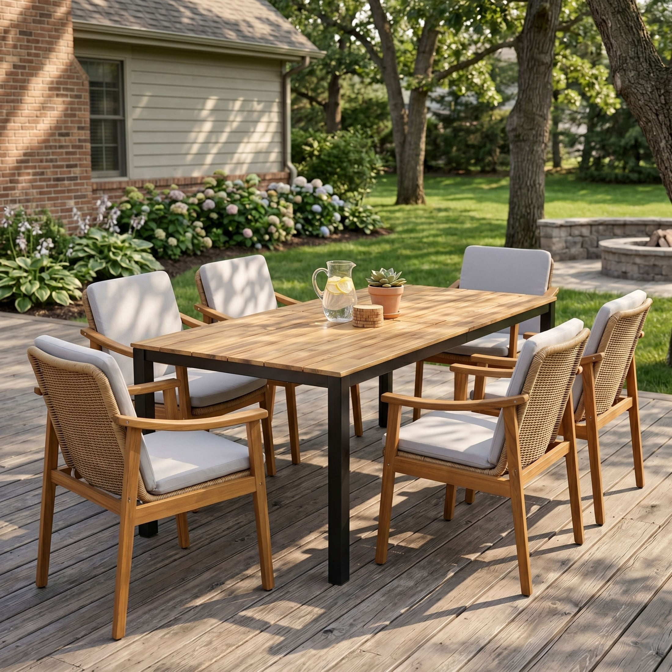 Christopher Knight Home 7-Piece Outdoor Dining Set, 71" Table with Wicker Cushion Chairs, Teak+Gray