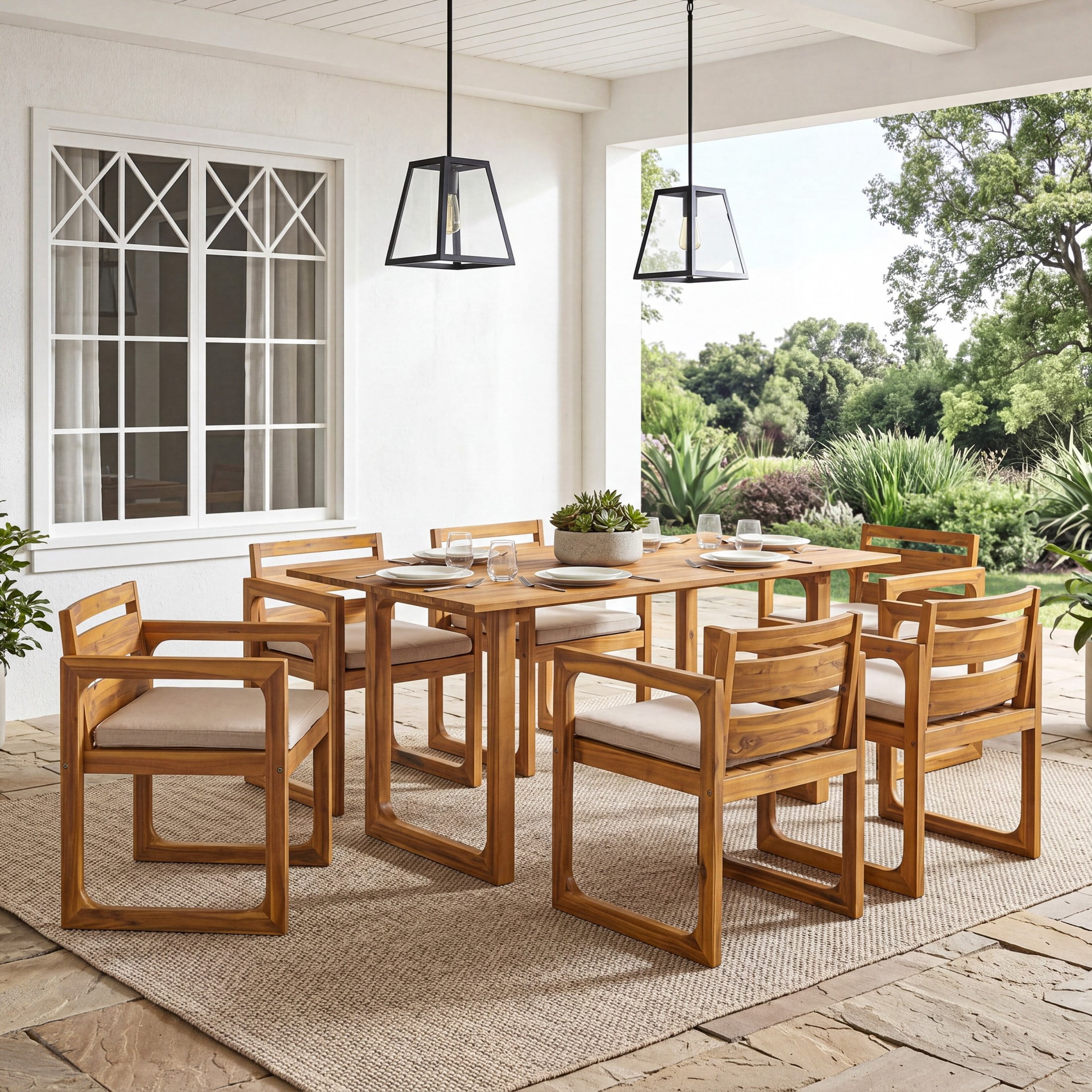 Christopher Knight Home 7-Piece Outdoor Dining Set, Acacia Wood Patio Table and Chairs, Teak+Beige